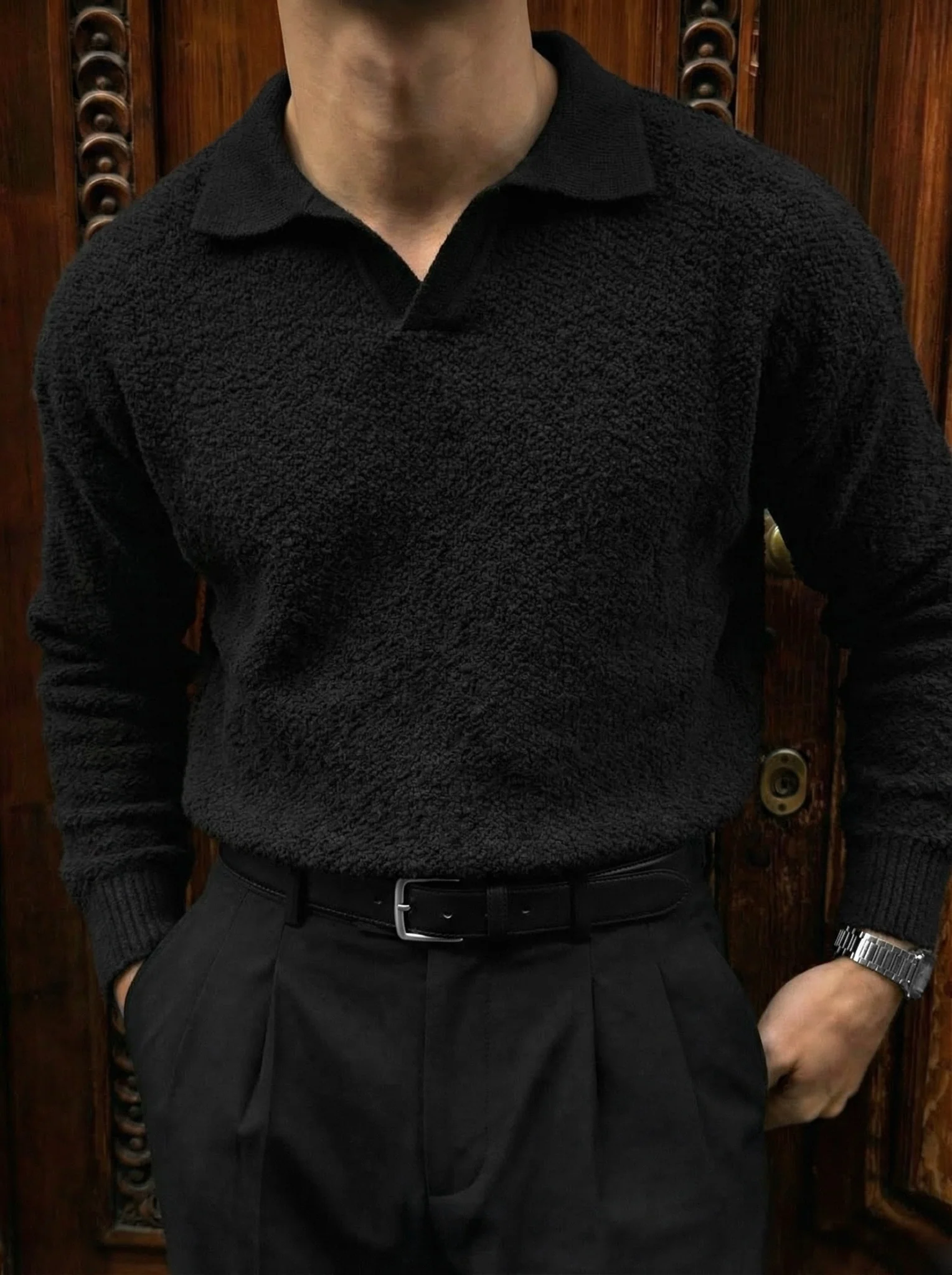 Knit Collar Brushed Pullover - Black