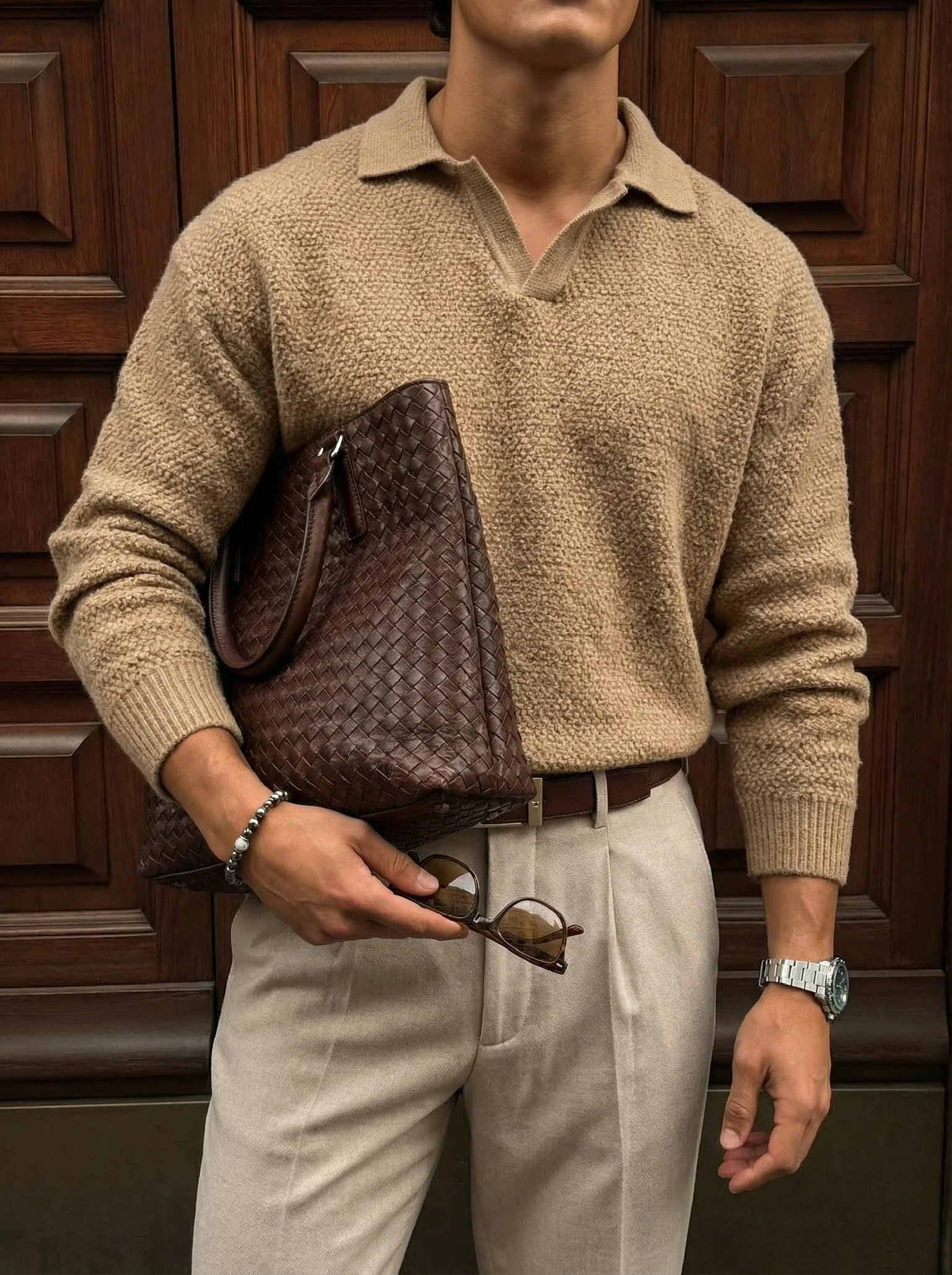 Knit Collar Brushed Pullover - Camel