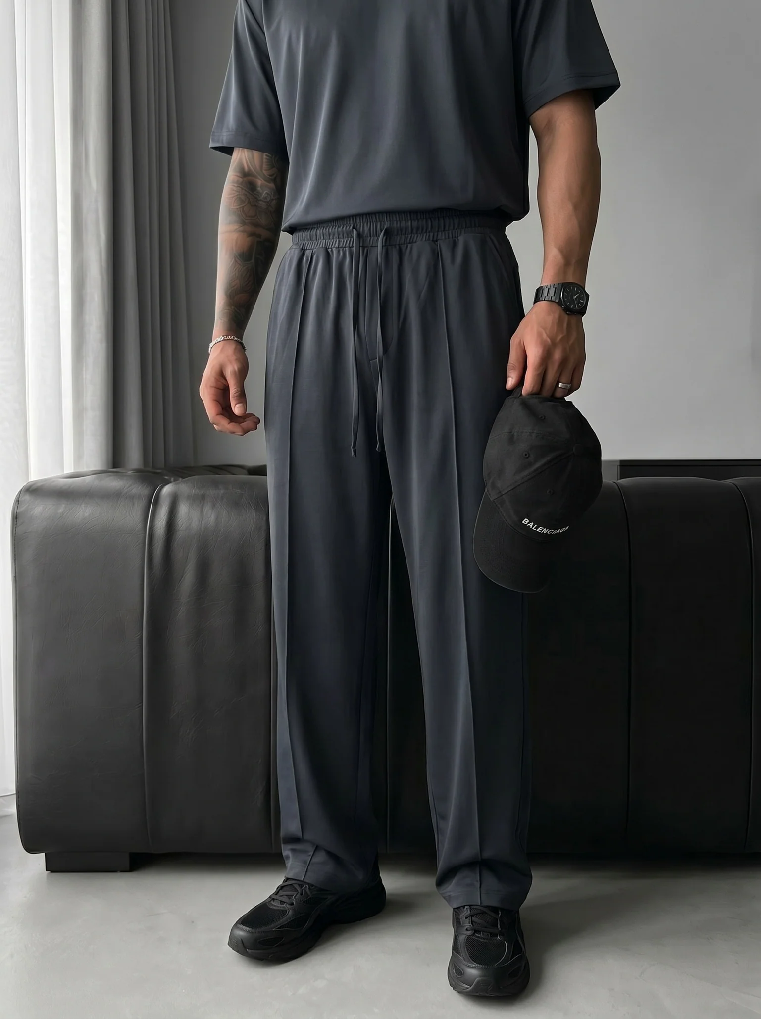 Loose Fit Basic Pleated Trousers - Stormy Weather