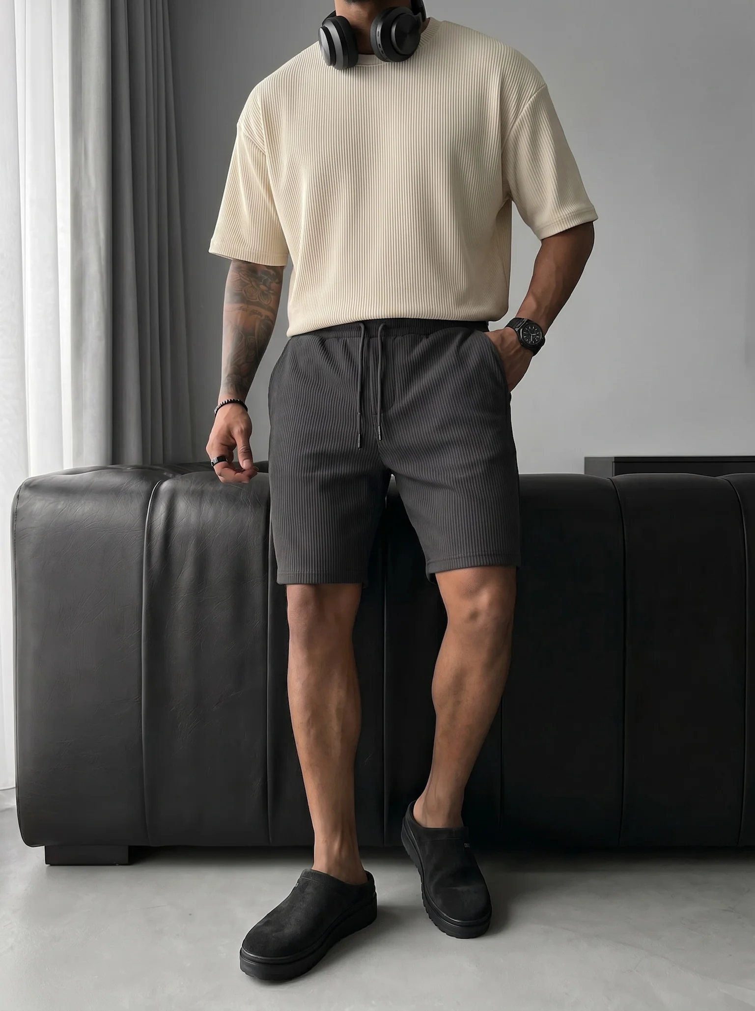 Loose Fit Cord Shorts - Anthracite
