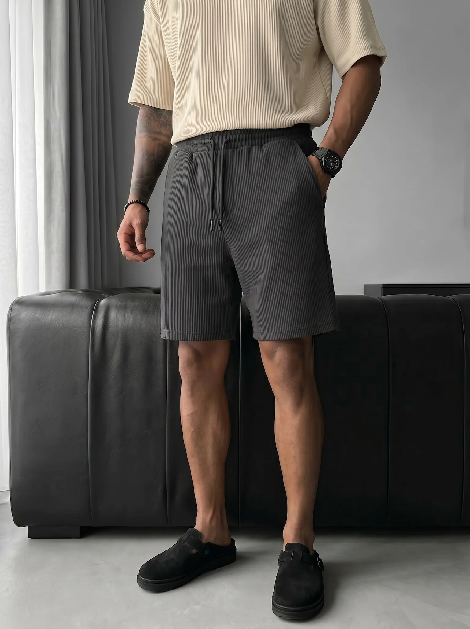 Loose Fit Cord Shorts - Anthracite - Image 2