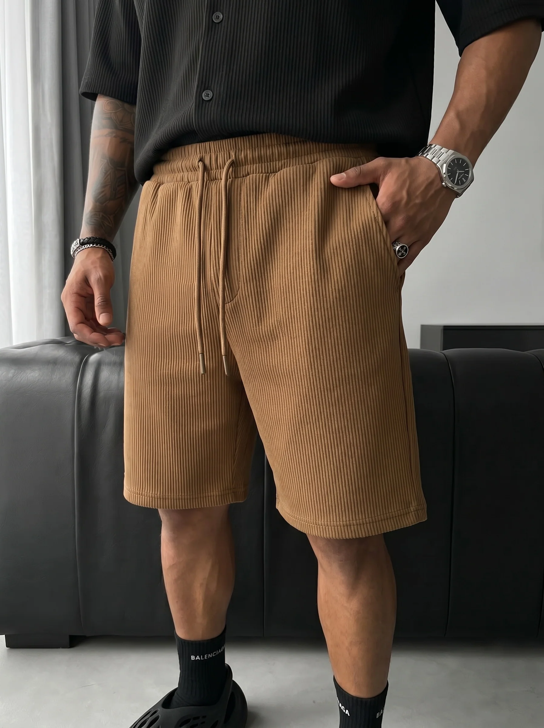 Loose Fit Cord Shorts - Brown - Image 2