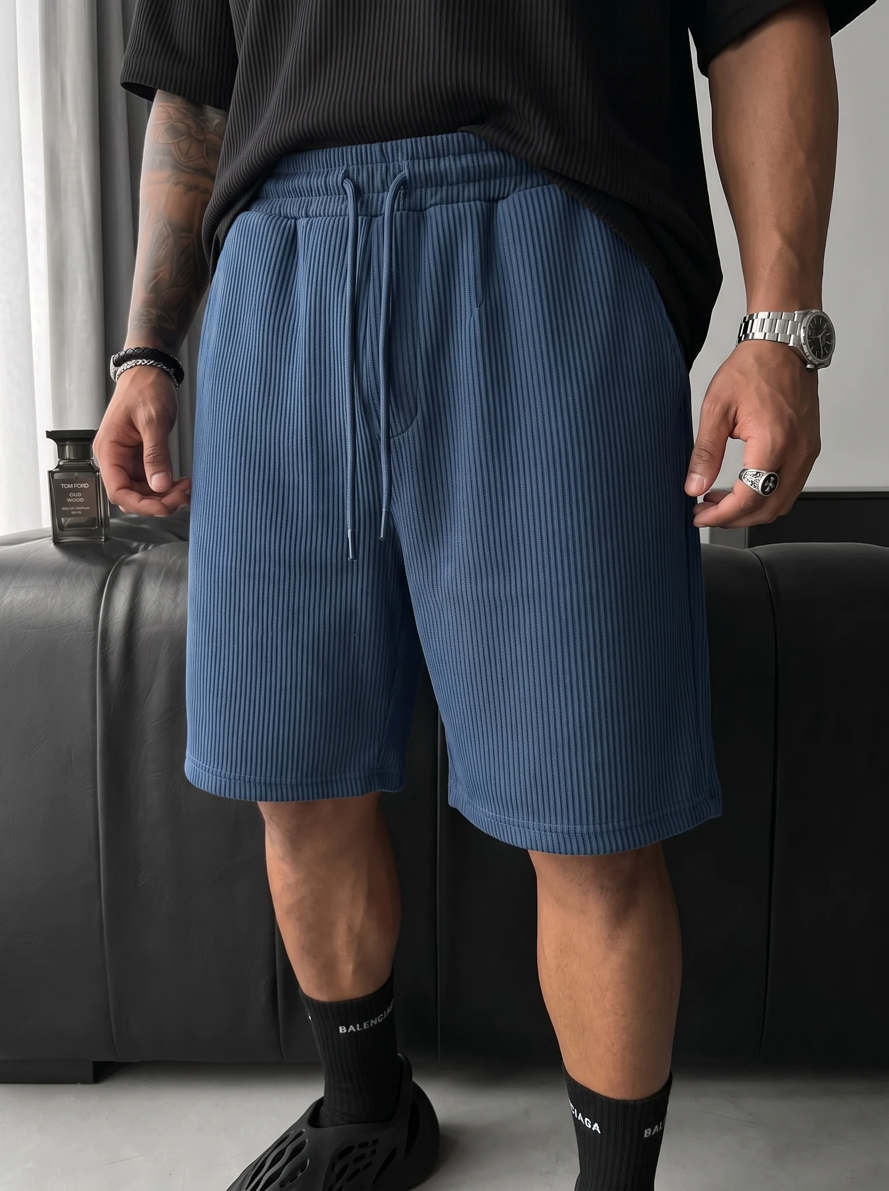Loose Fit Cord Shorts - Indigo - Image 2