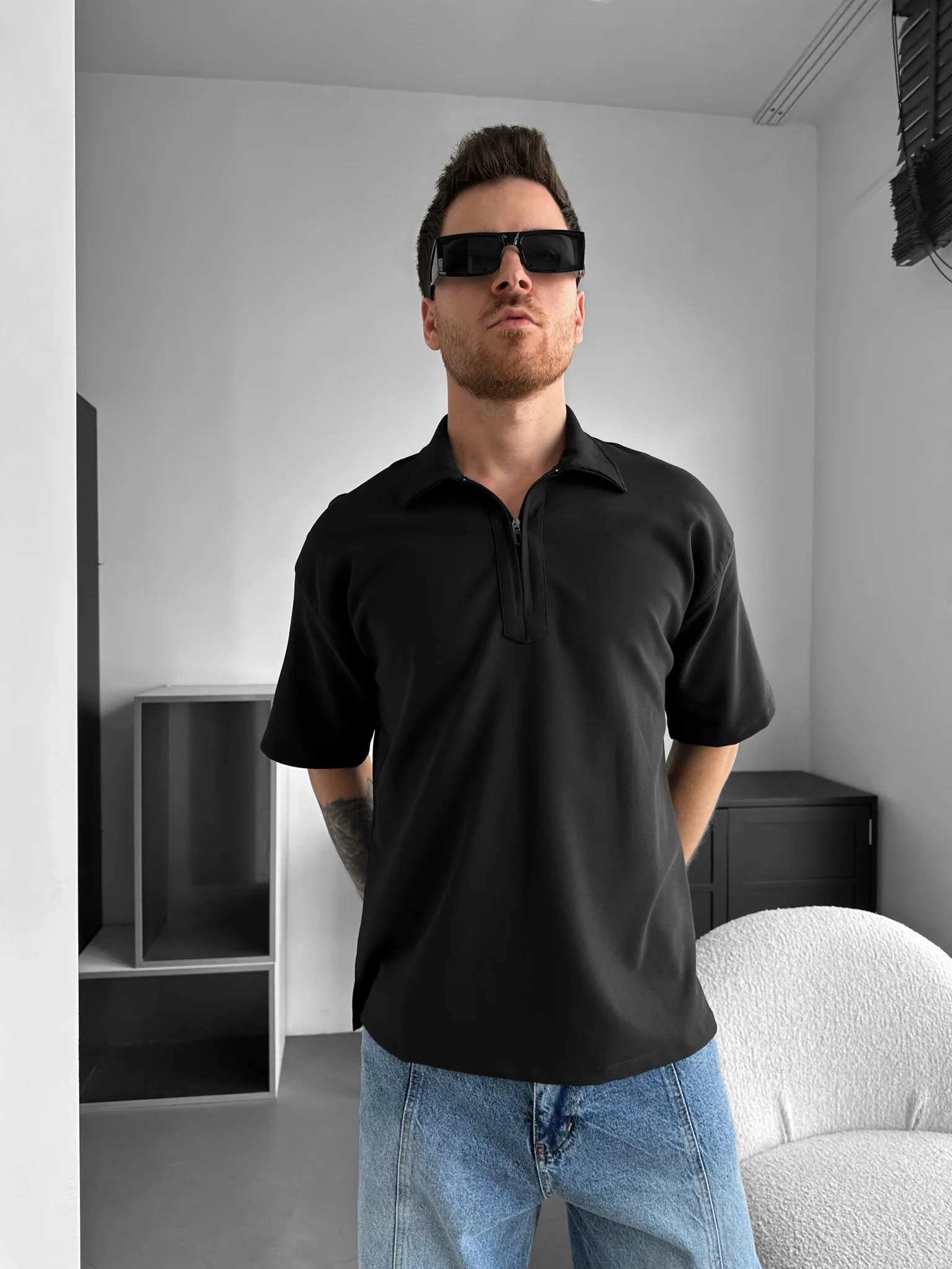 Loose Fit Half-Zip Polo T-shirt - Black - Image 3