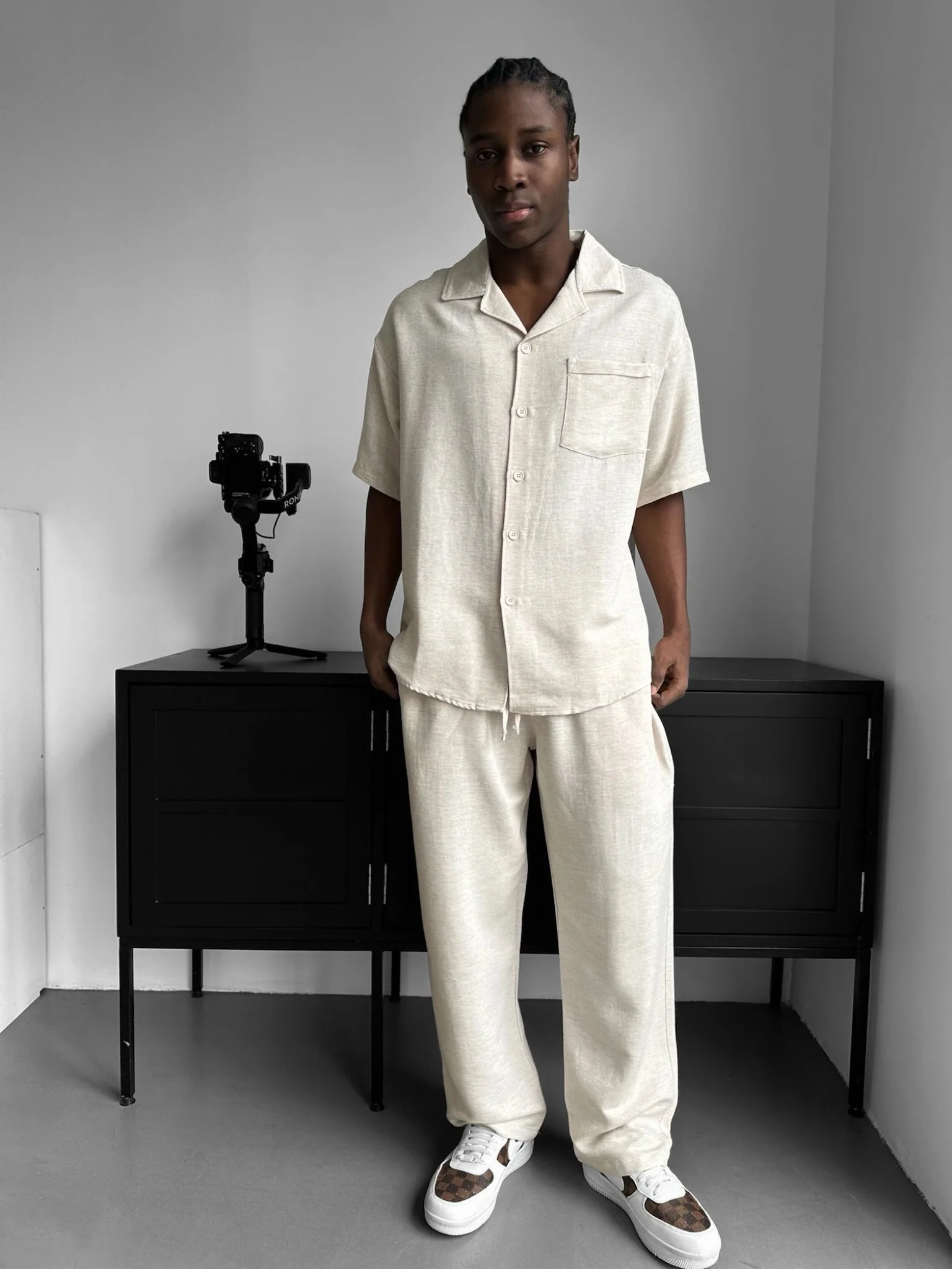 Loose Fit Linen Look Trousers - Beige