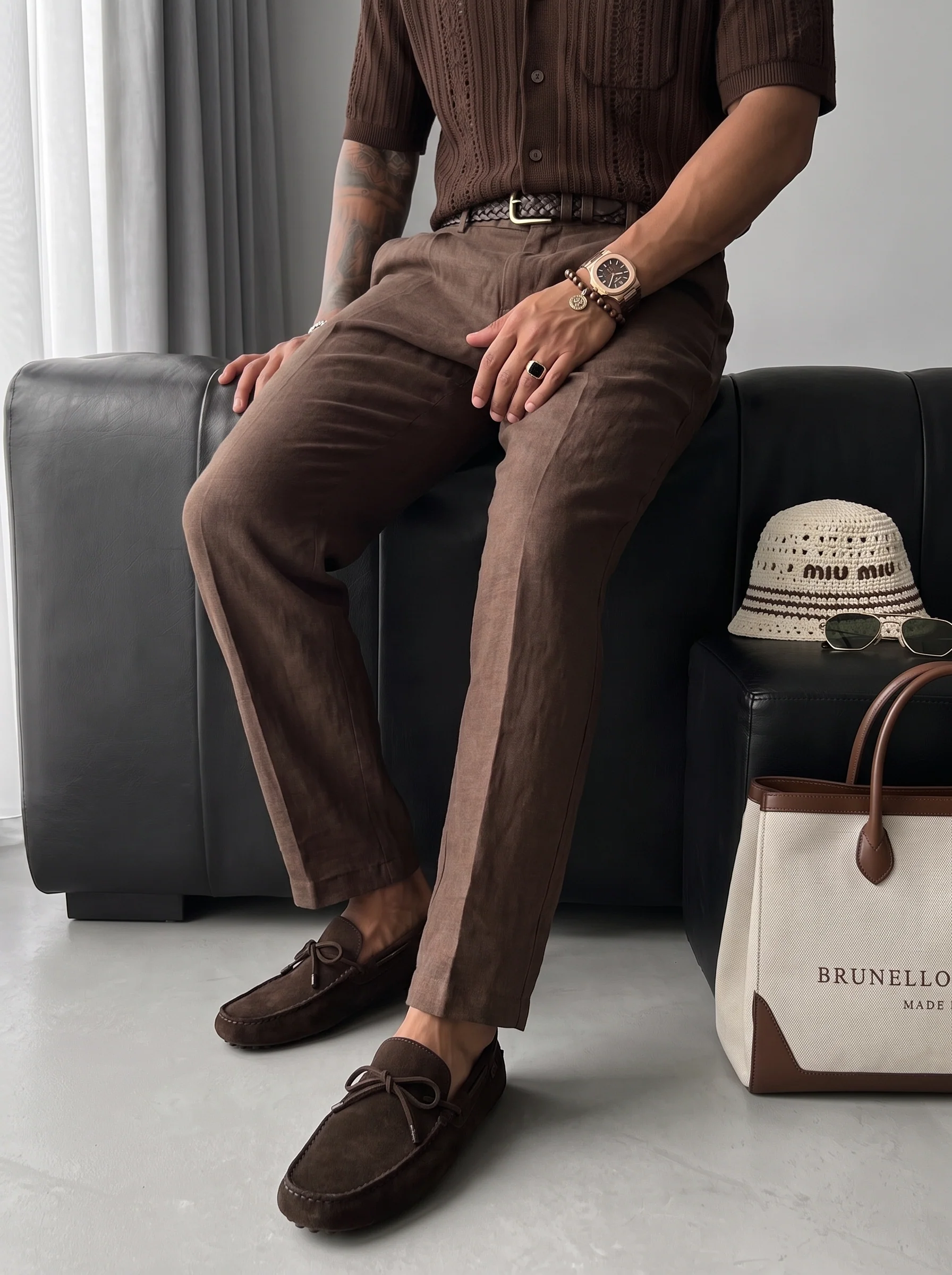Loose Fit Linen Trousers - Dark Brown - Image 2