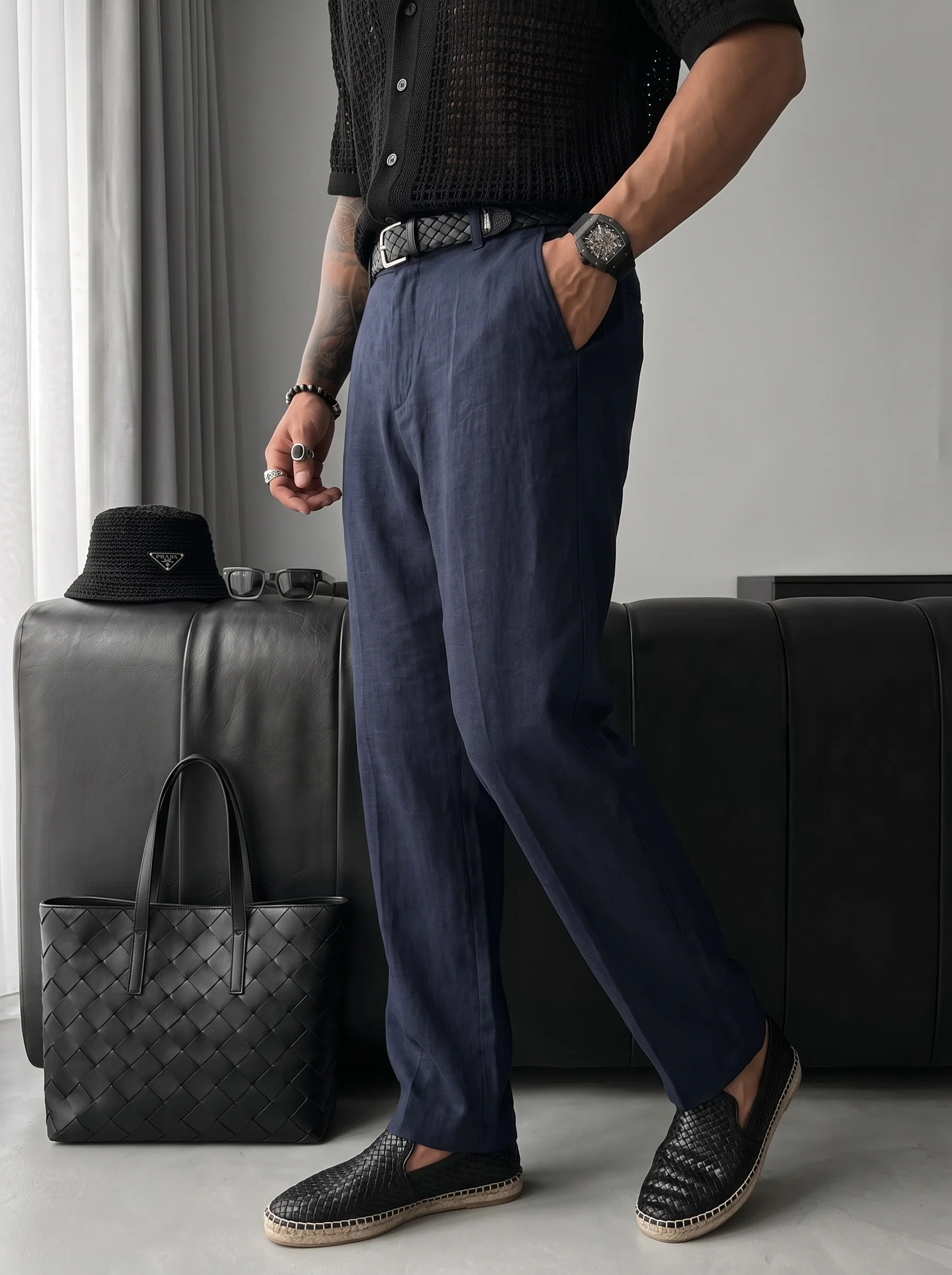 Loose Fit Linen Trousers - Navy Blue - Image 3