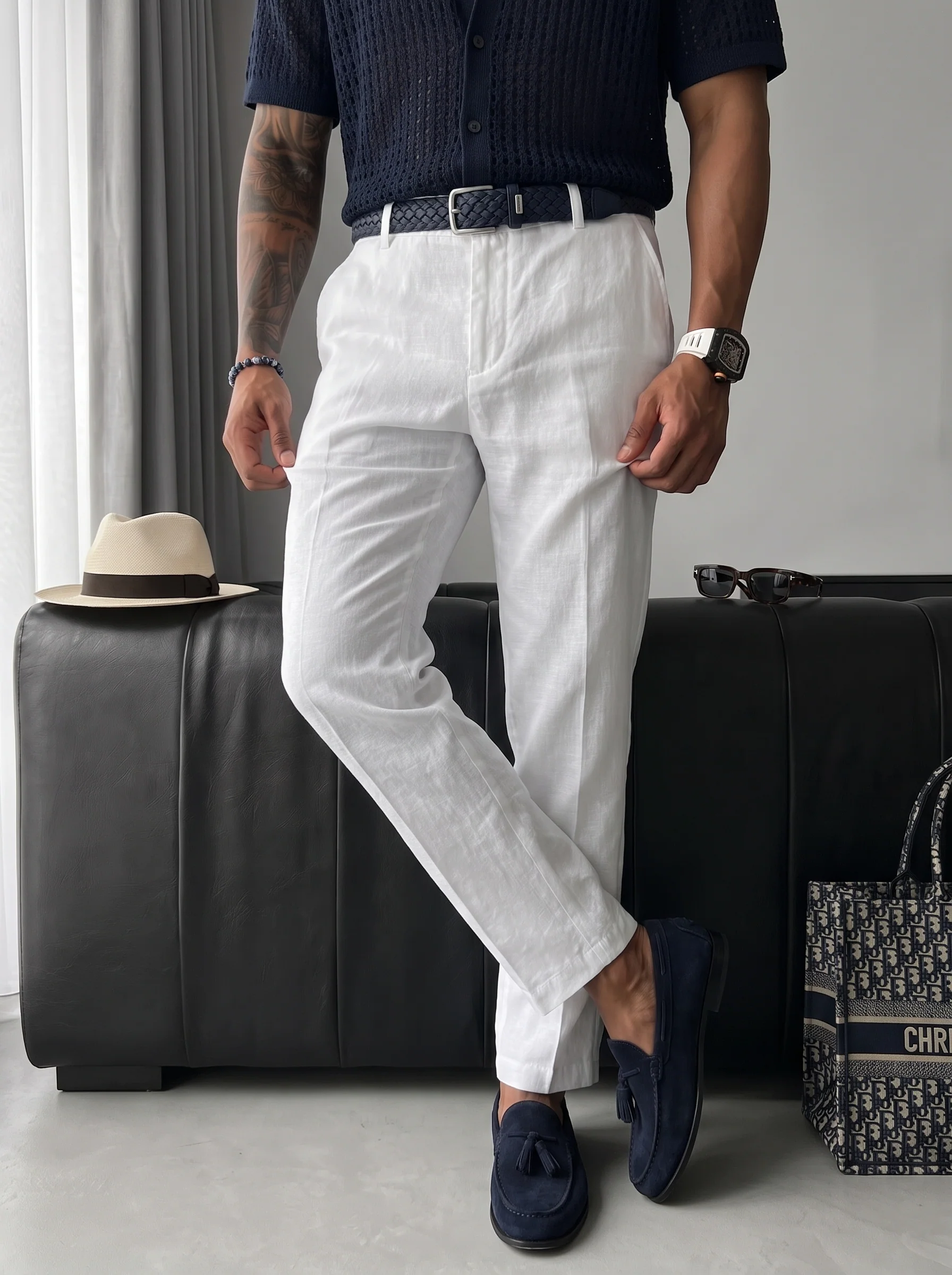 Loose Fit Linen Trousers - White