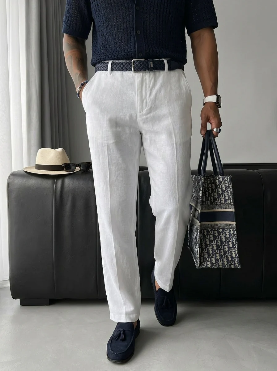 Loose Fit Linen Trousers - White - Image 2