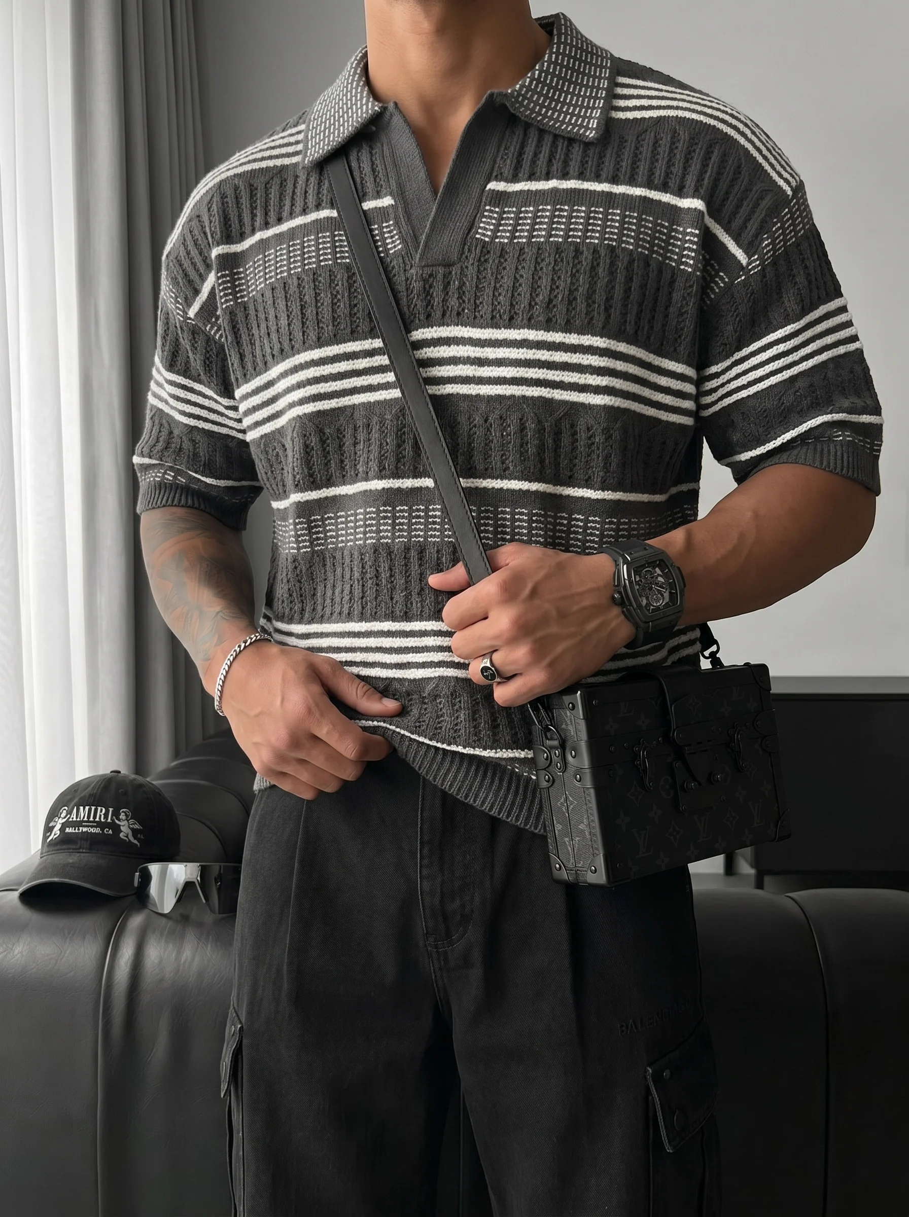 Loose Fit Patterned collar knit T-Shirt - Anthracite