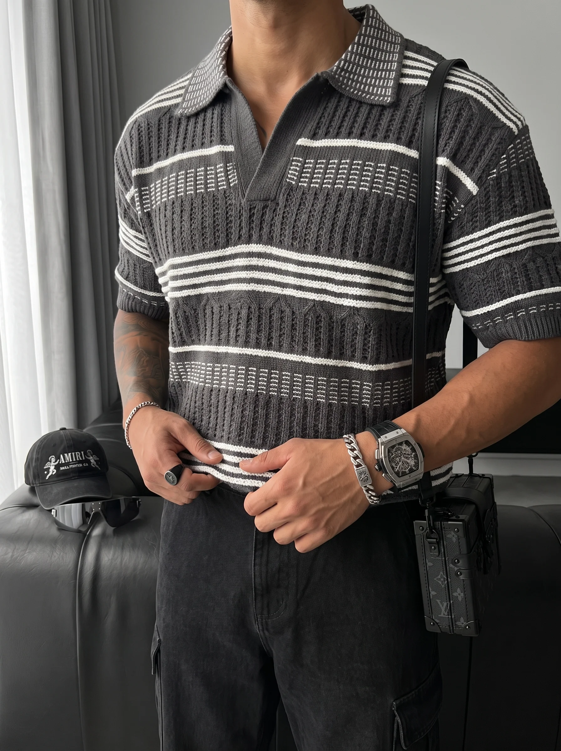 Loose Fit Patterned collar knit T-Shirt - Anthracite - Image 2