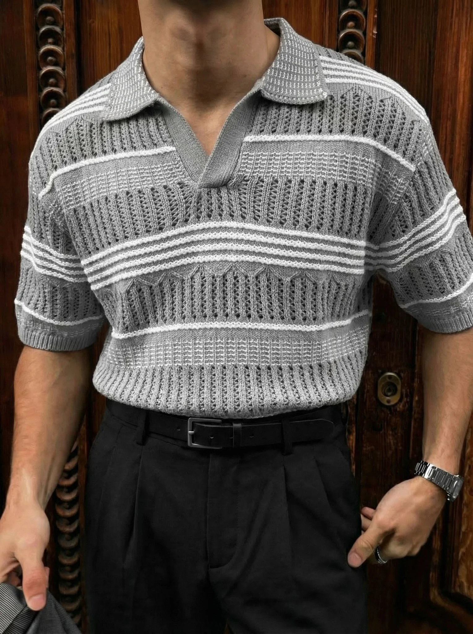 Loose Fit Patterned collar knit T-Shirt - Grey