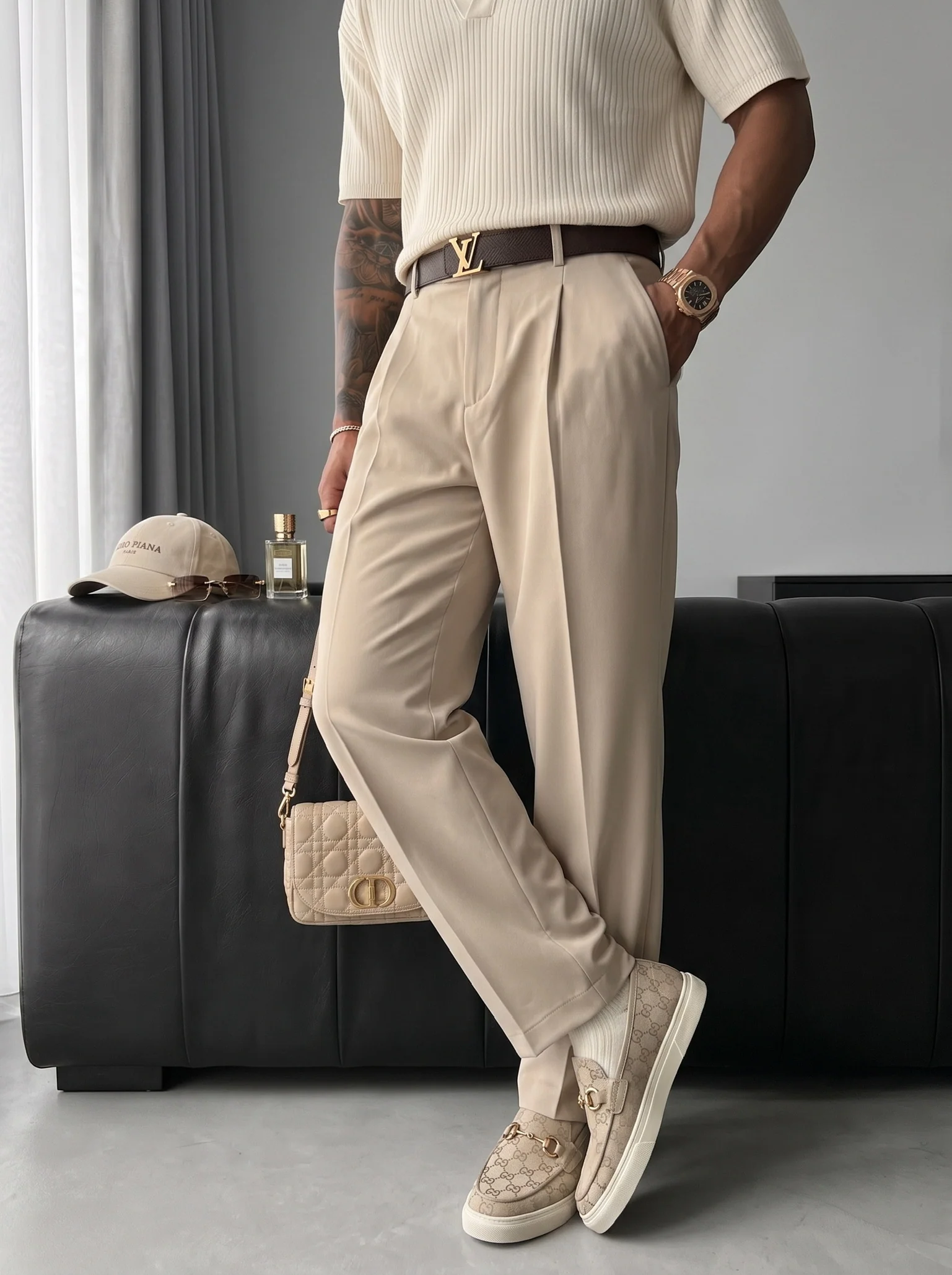 Loose Fit Pleated Trousers - Beige - Image 2