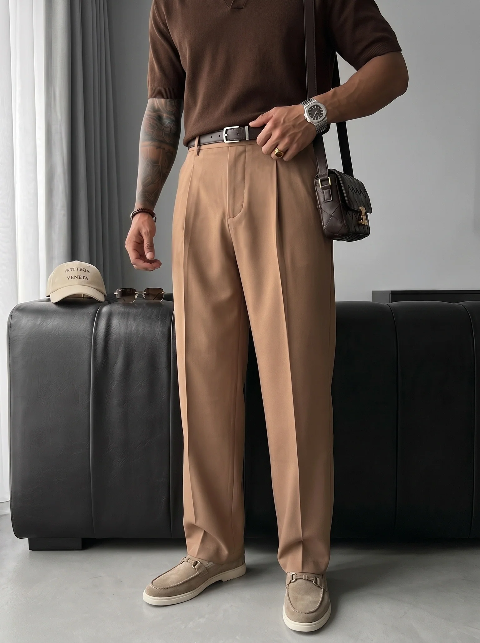 Loose Fit Pleated Trousers - Camel - Image 2