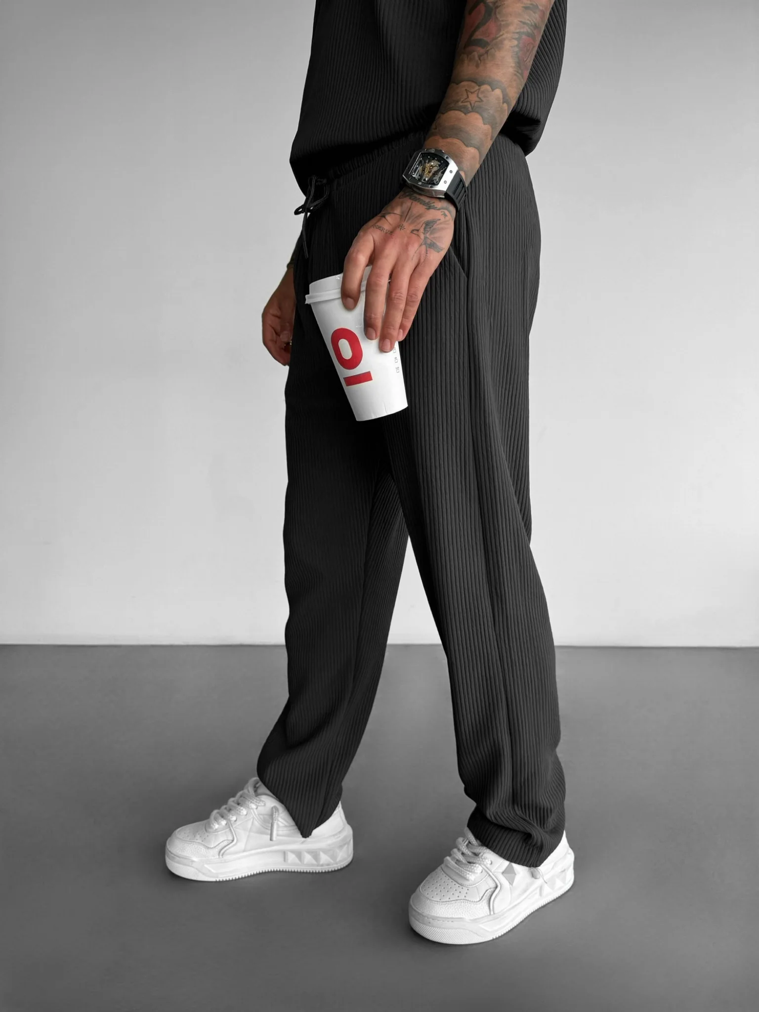 Loose Fit Ribbed Trousers - Anthracite - Image 2