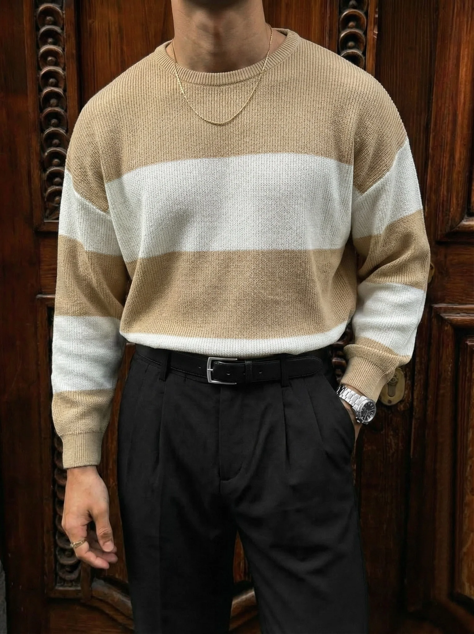 Loose Fit Strip Knit Sweater - Camel