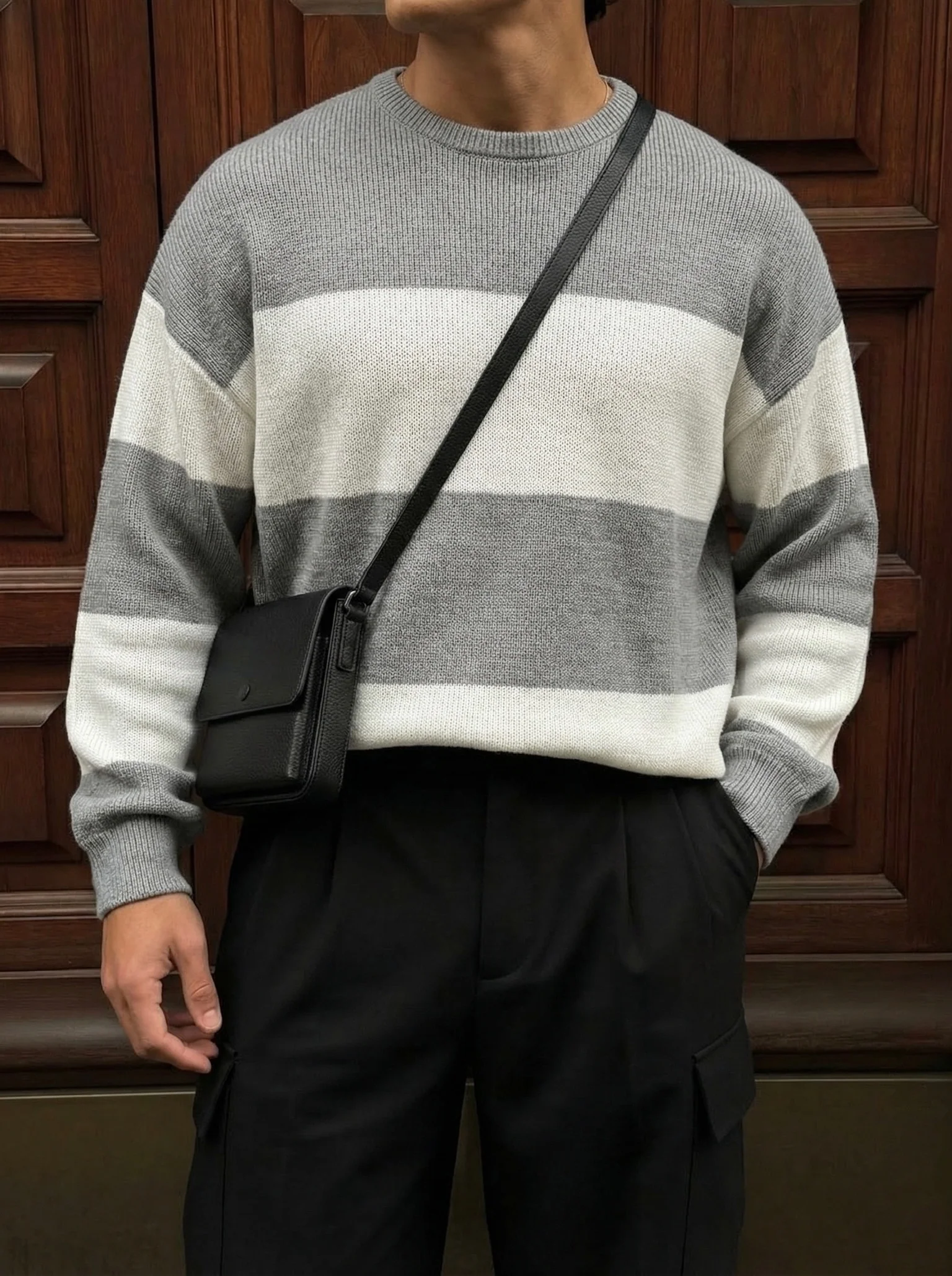 Loose Fit Strip Knit Sweater - Grey
