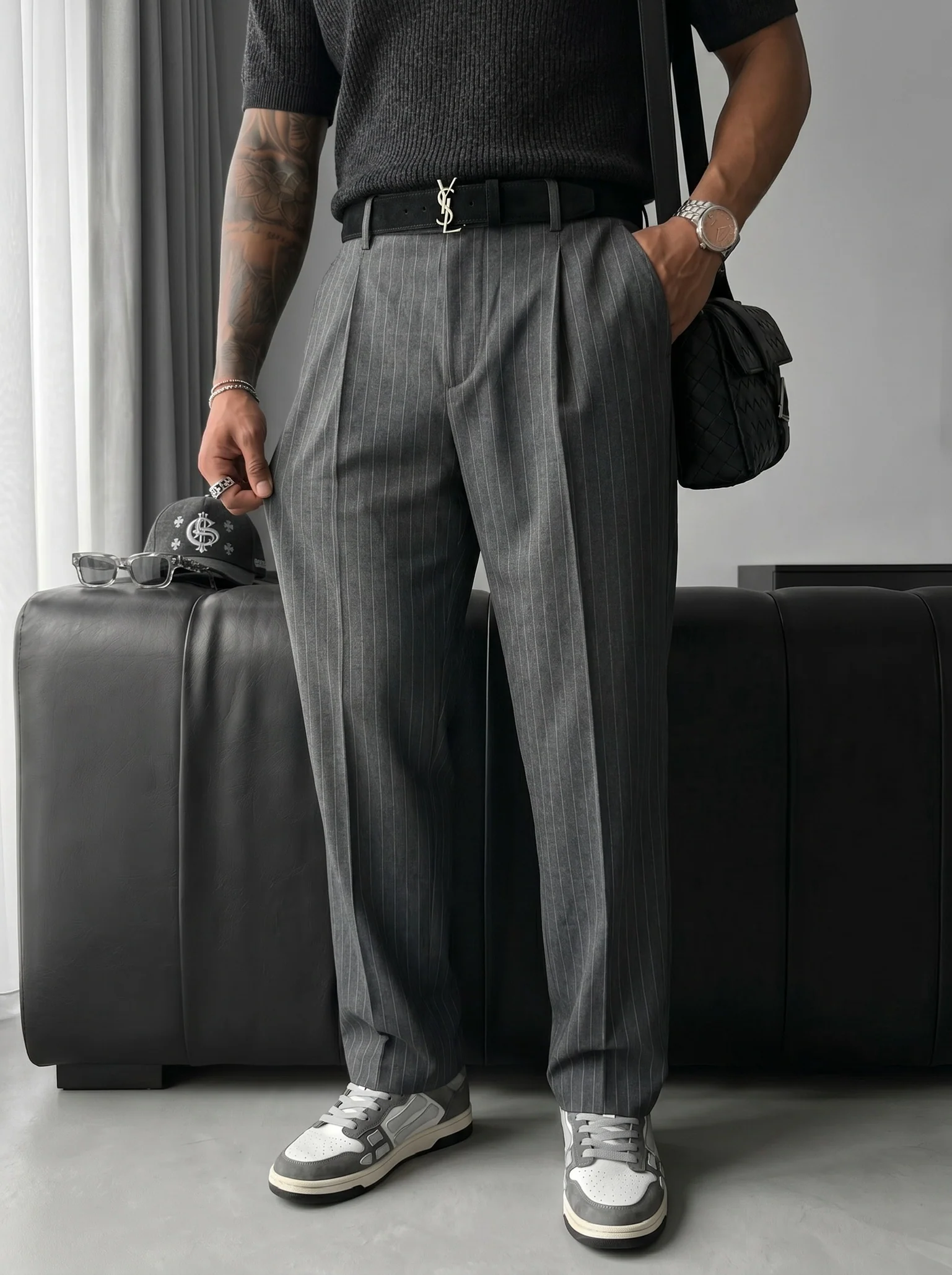 Loose Fit Striped Trousers - Anthracite - Image 3