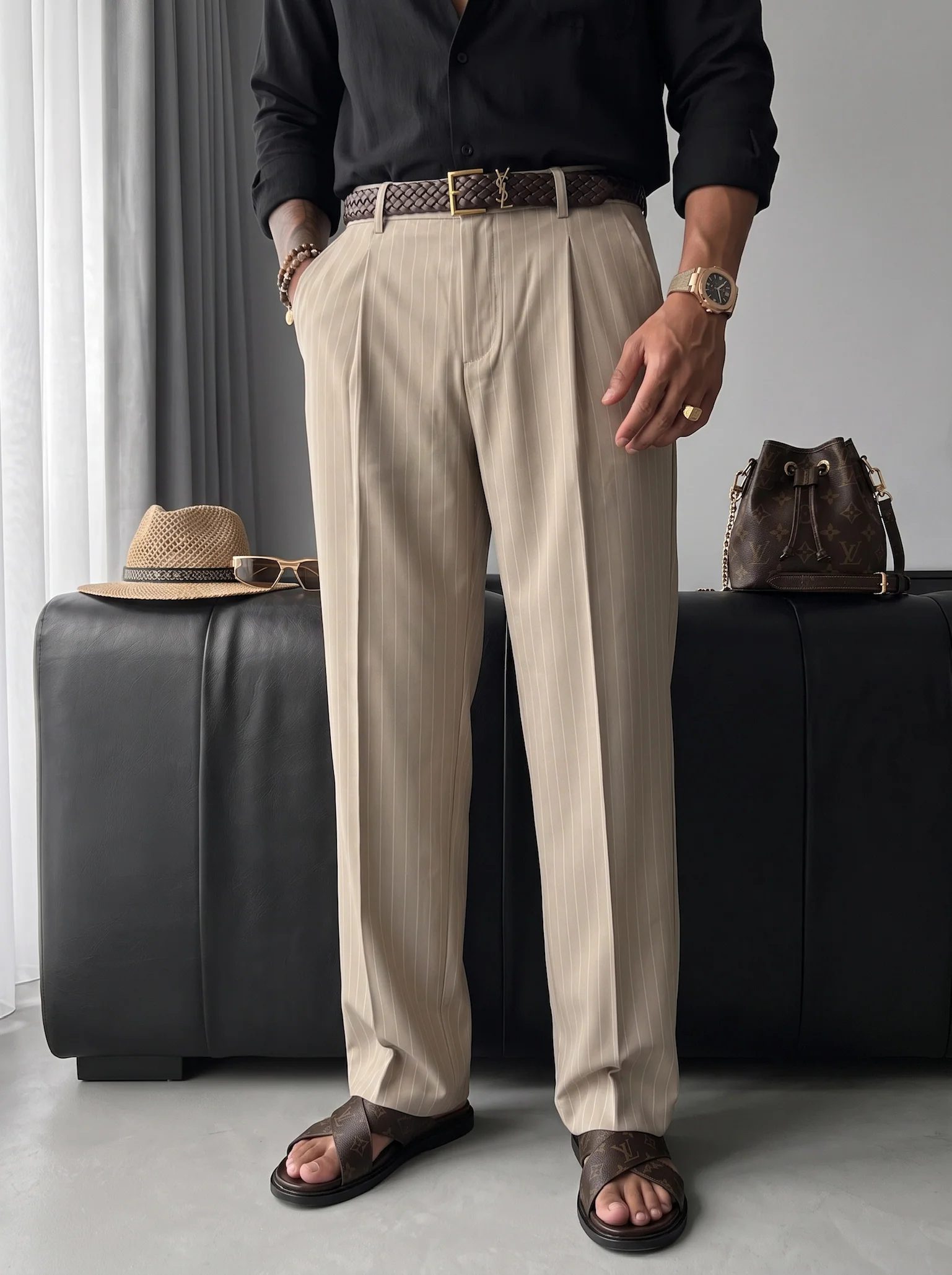 Loose Fit Striped Trousers - Beige - Image 3