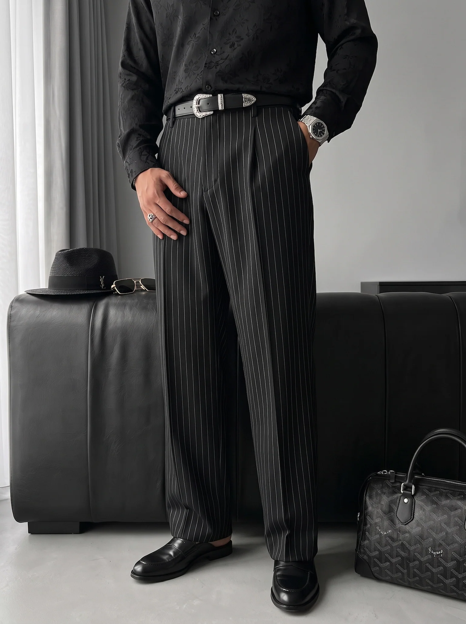 Loose Fit Striped Trousers - Black