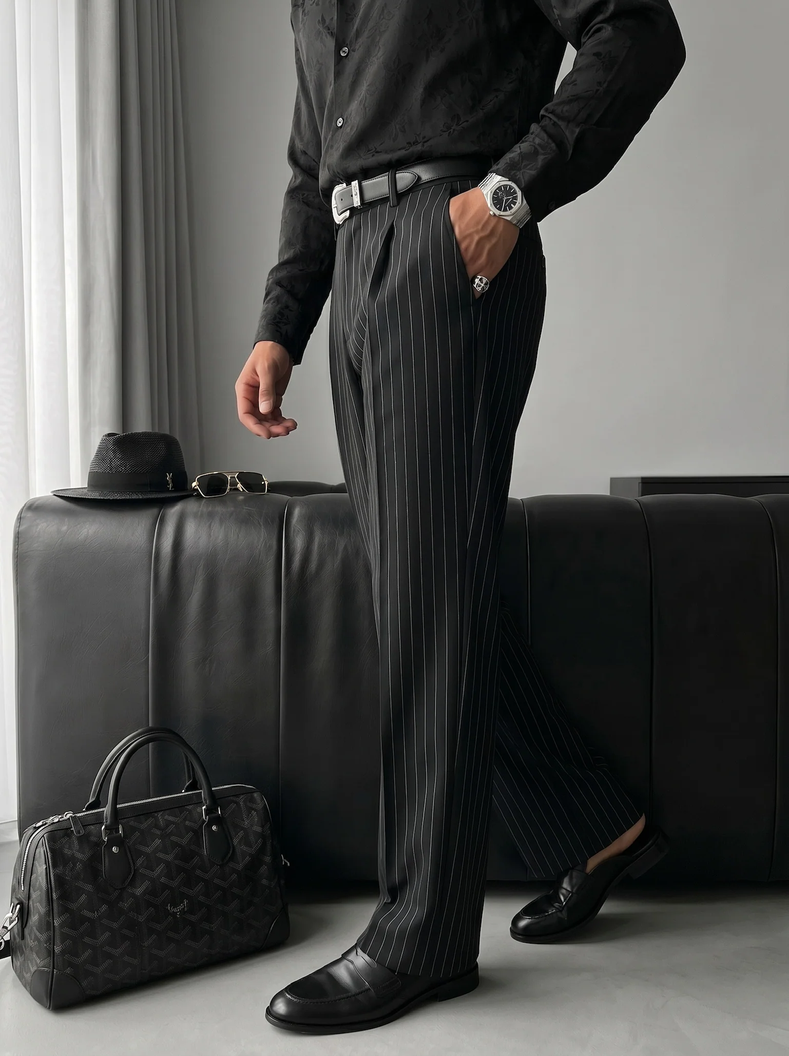 Loose Fit Striped Trousers - Black - Image 2