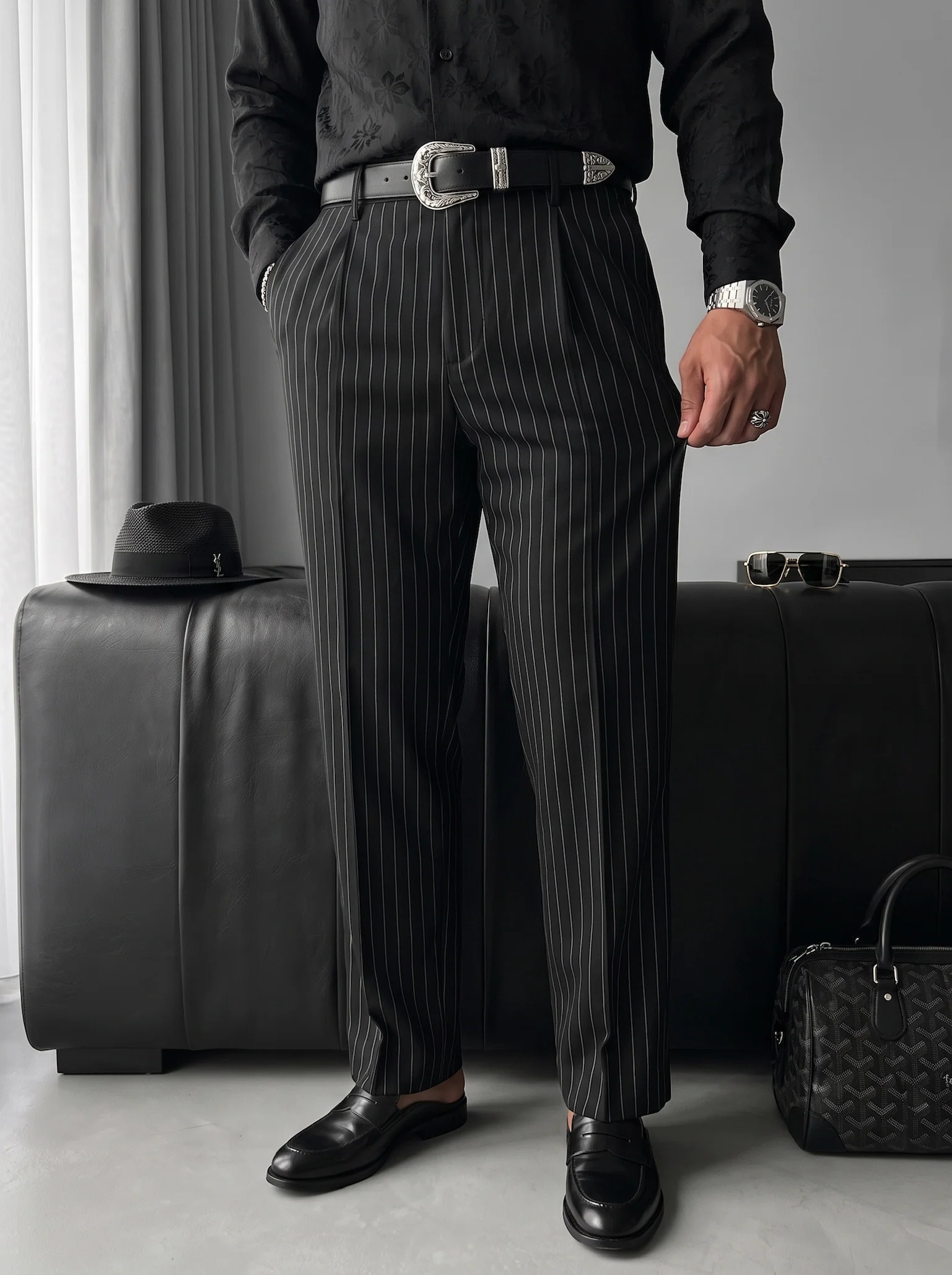 Loose Fit Striped Trousers - Black - Image 3