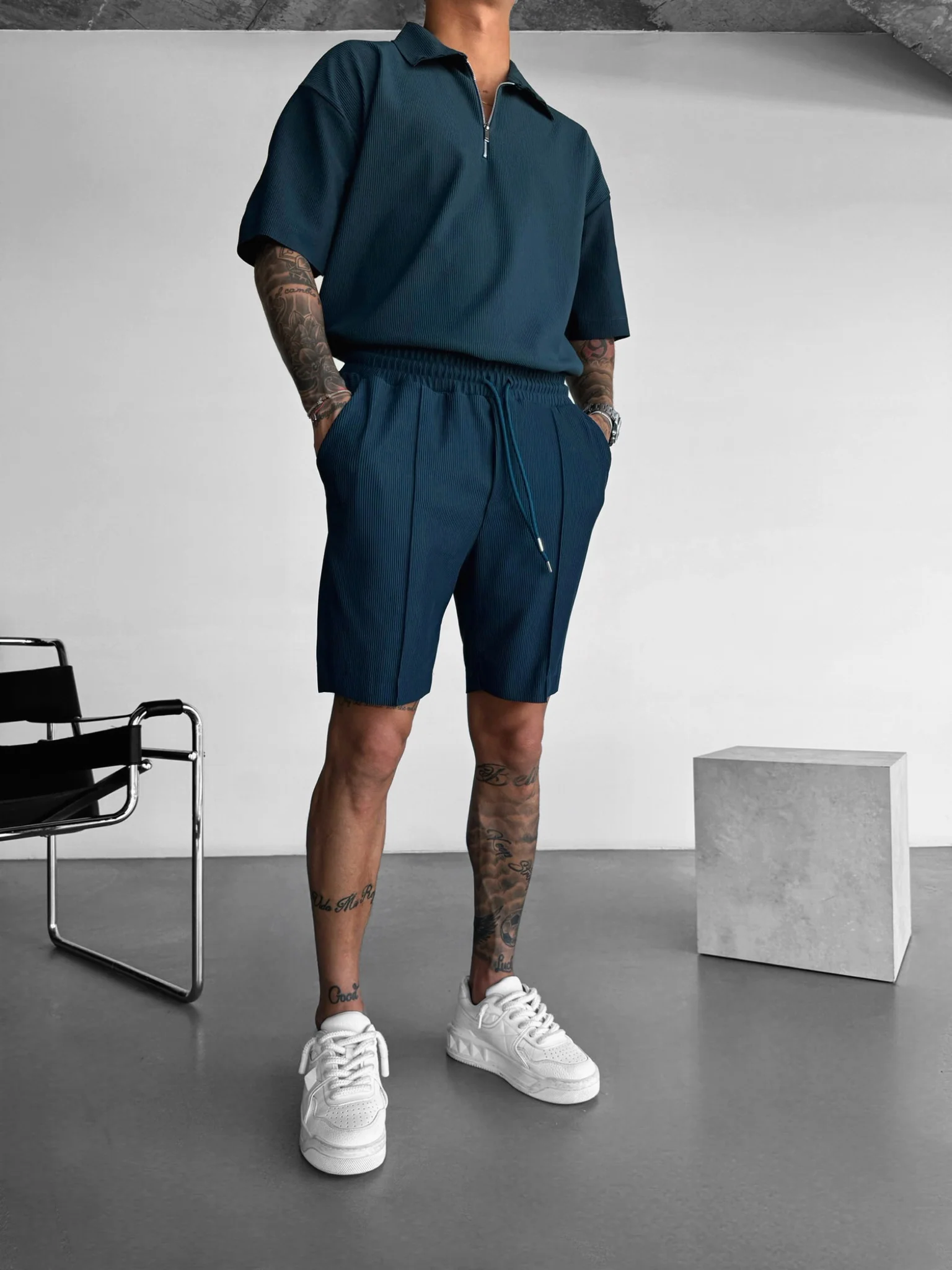 Loose Fit Textured Seam Shorts - Petrol - Image 3