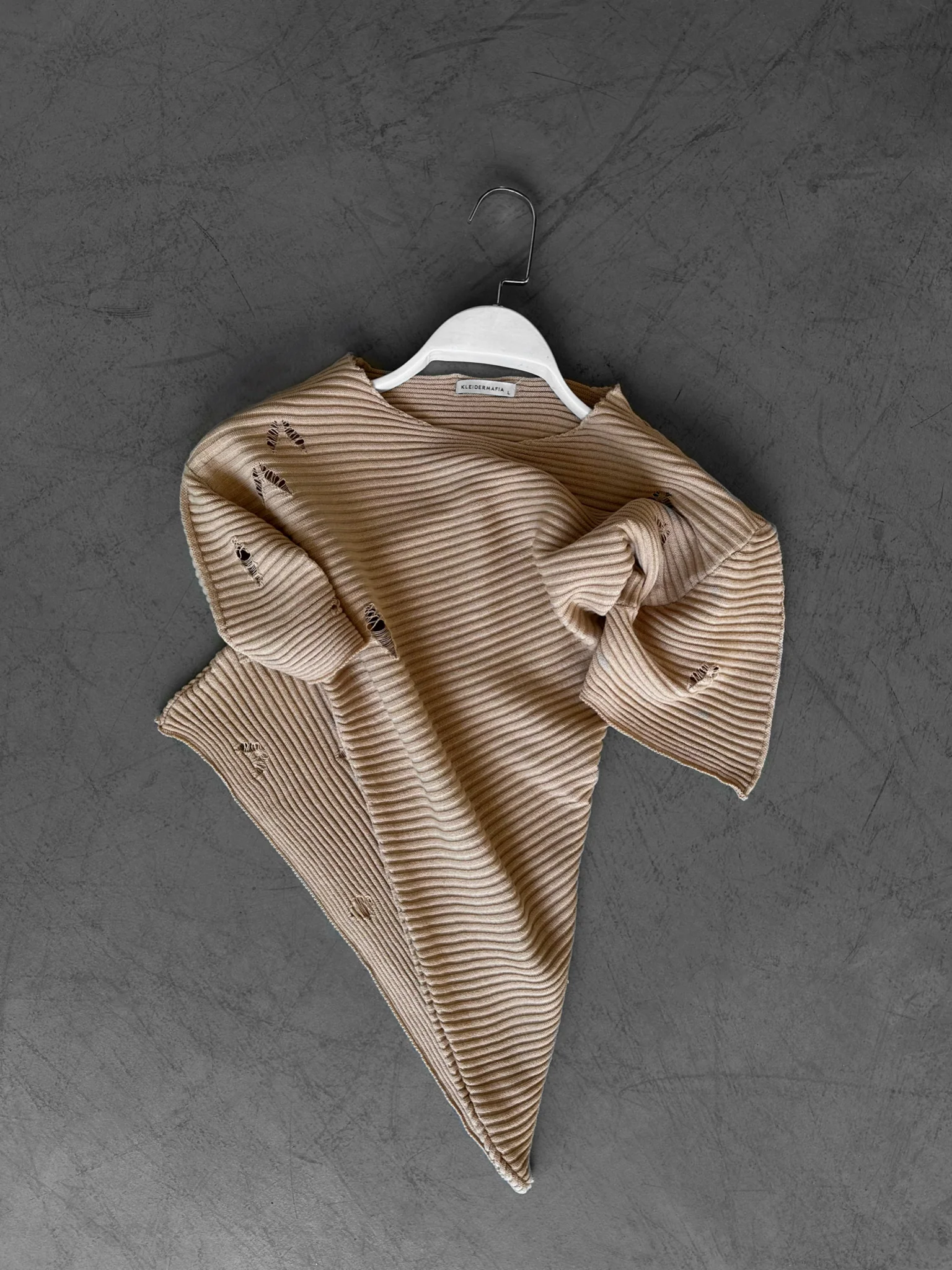 Loose Fit Torn Knit T-Shirt - Beige - Image 2