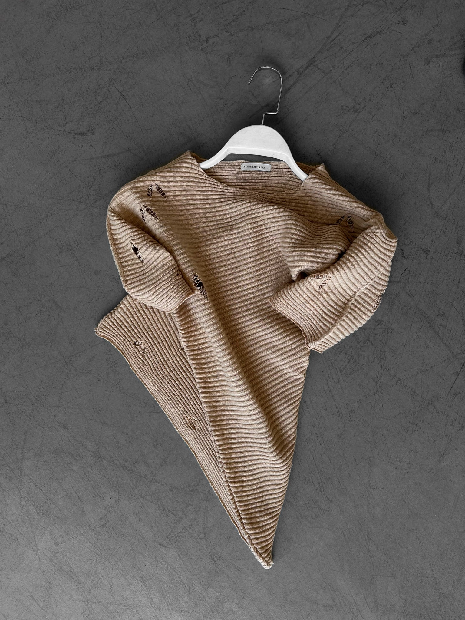 Loose Fit Torn Knit T-Shirt - Beige - Image 4