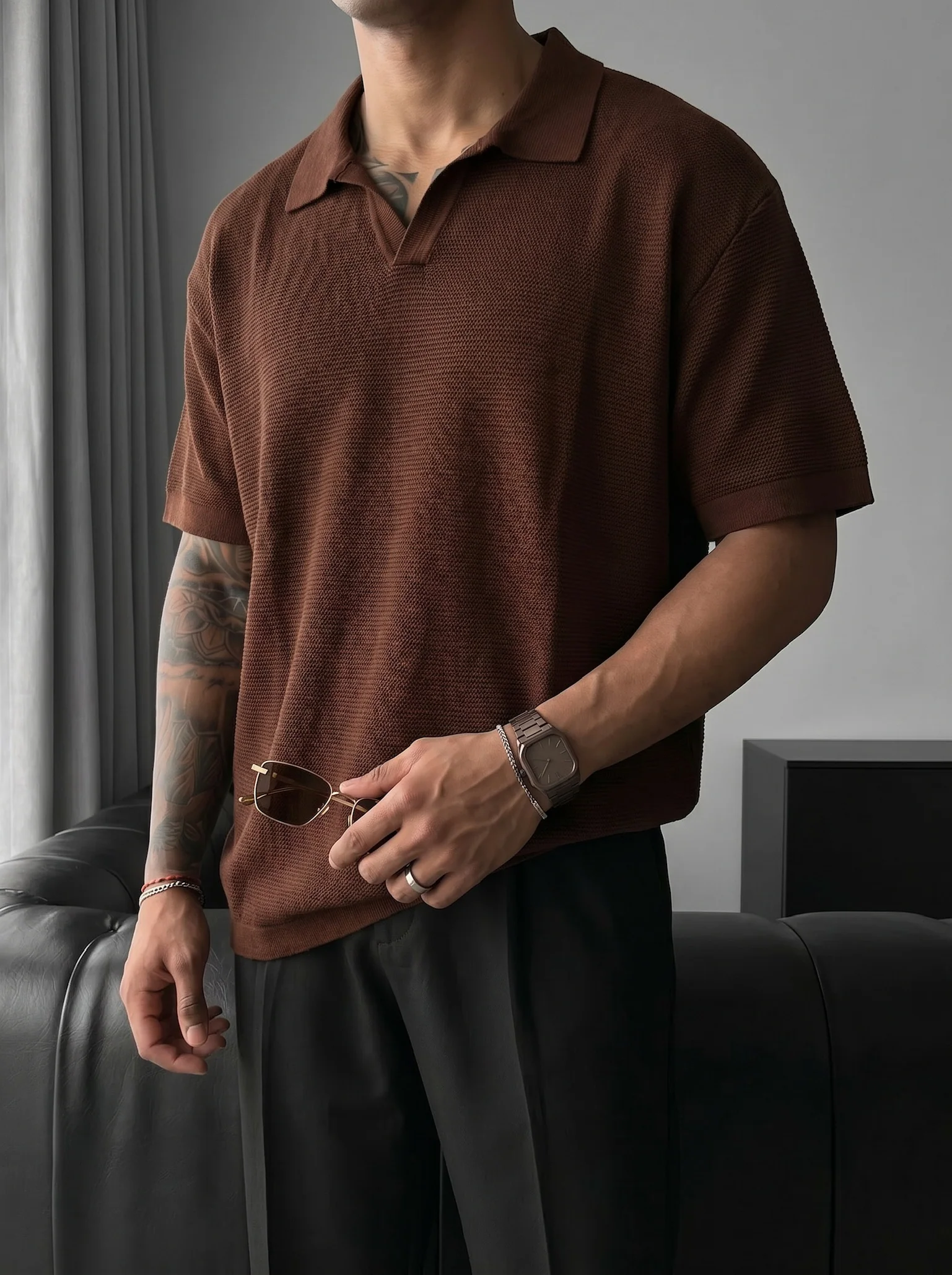 Oversize Collar Ribbed Knit T-Shirt - Dark Brown
