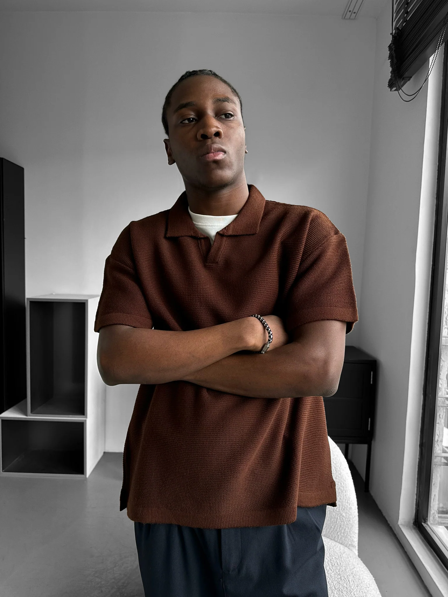 Oversize Collar Ribbed Knit T-Shirt - Dark Brown - Image 5