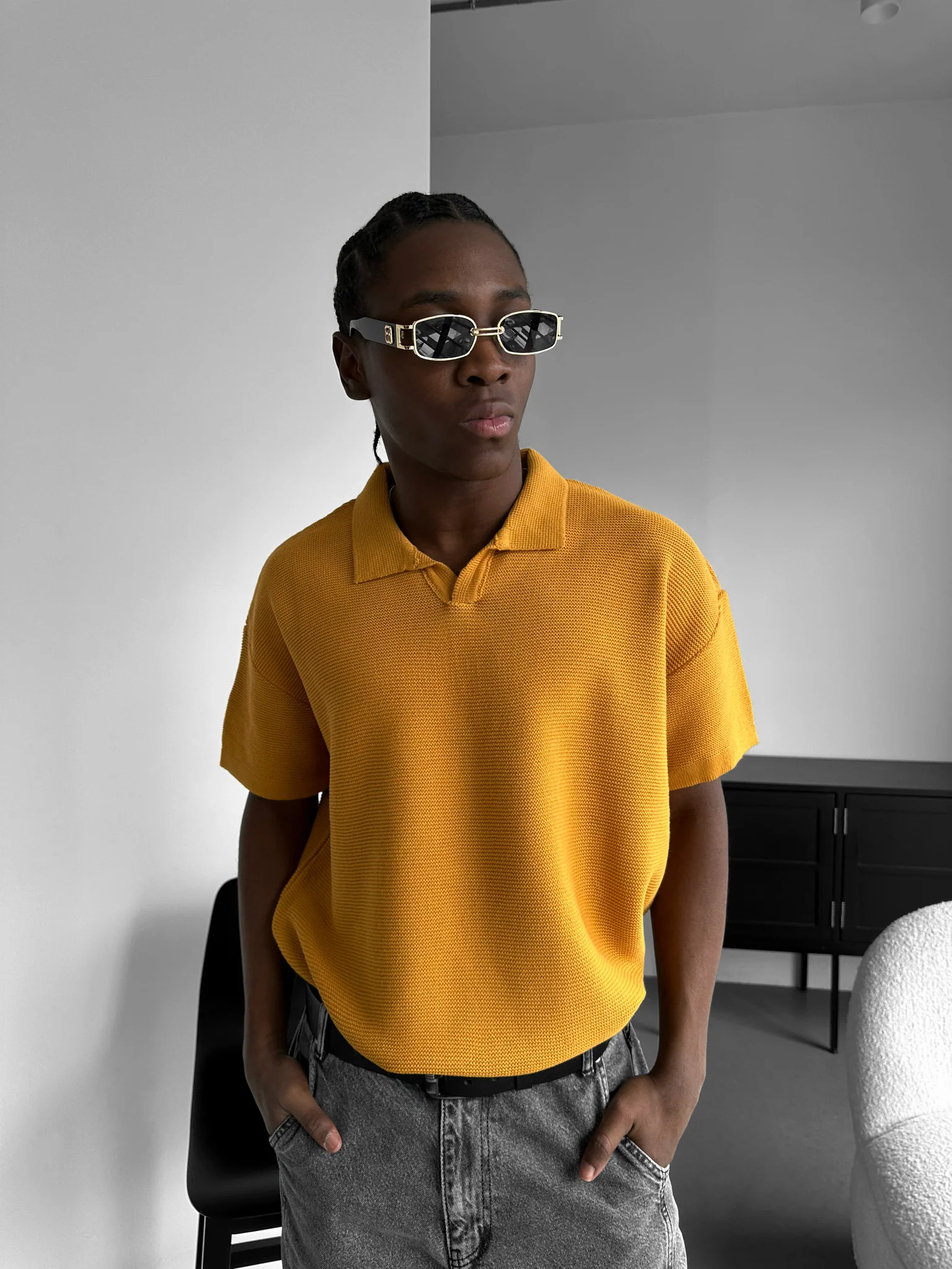 Oversize Collar Ribbed Knit T-Shirt - Saffron