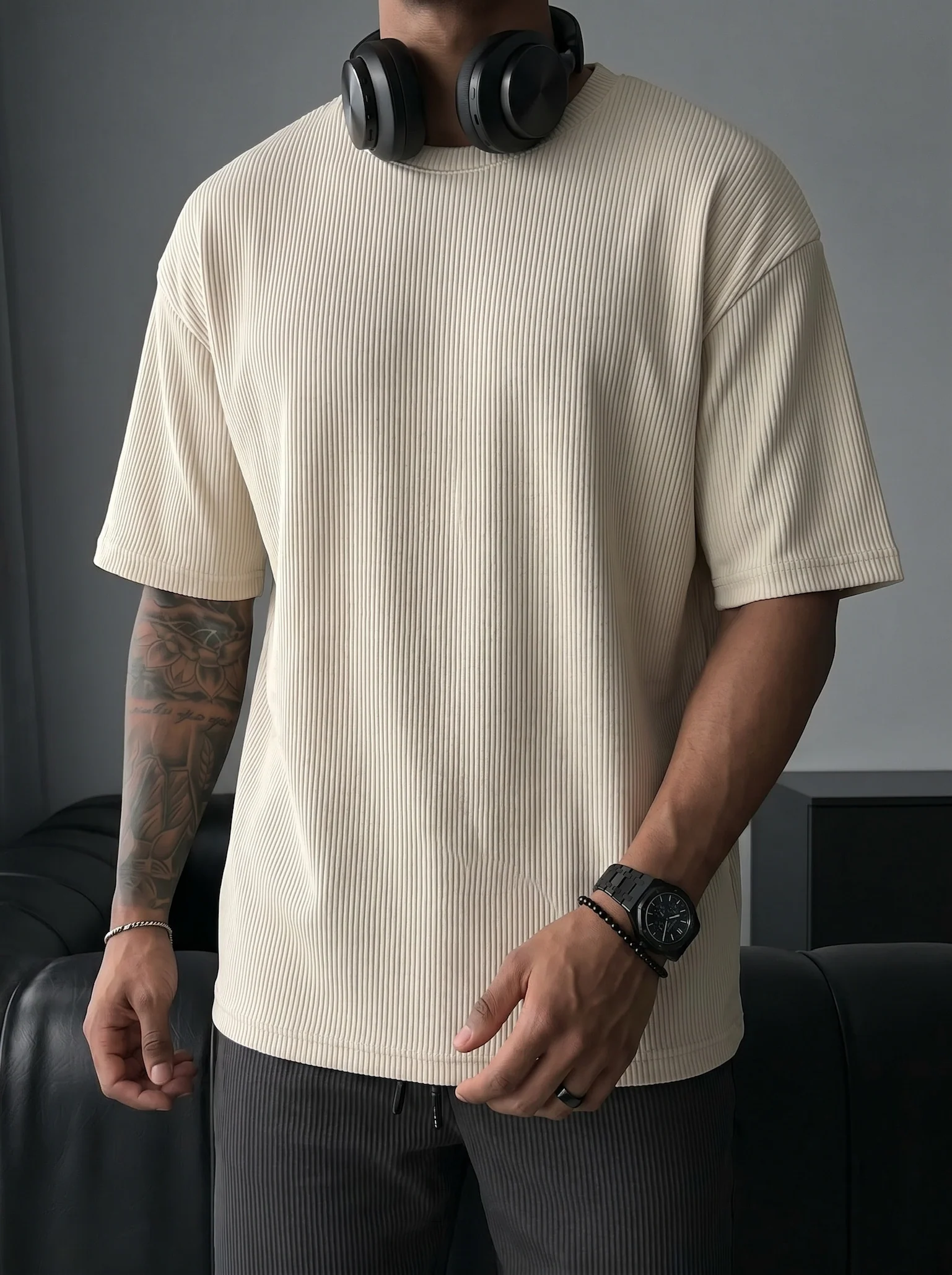 Oversize Cord Tee - Beige - Image 2
