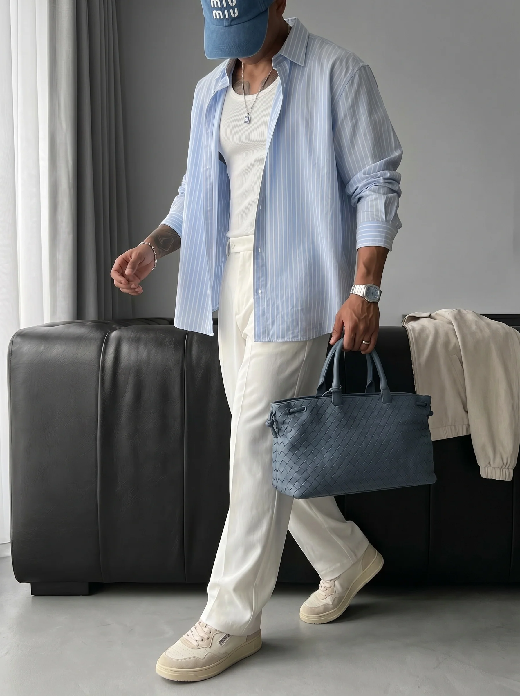 Oversize Cotton Thin Striped Shirt - Babyblue