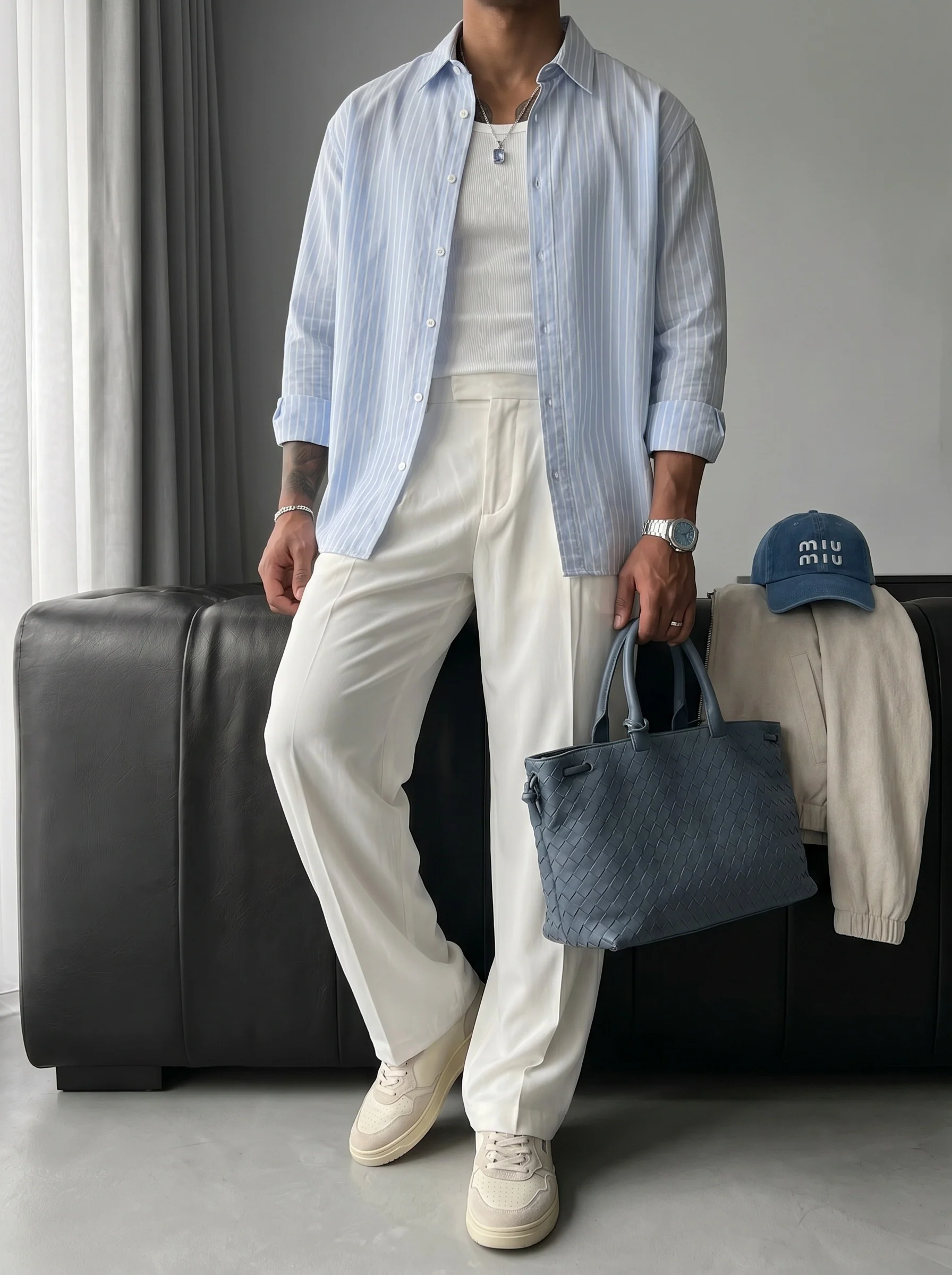 Oversize Cotton Thin Striped Shirt - Babyblue - Image 3