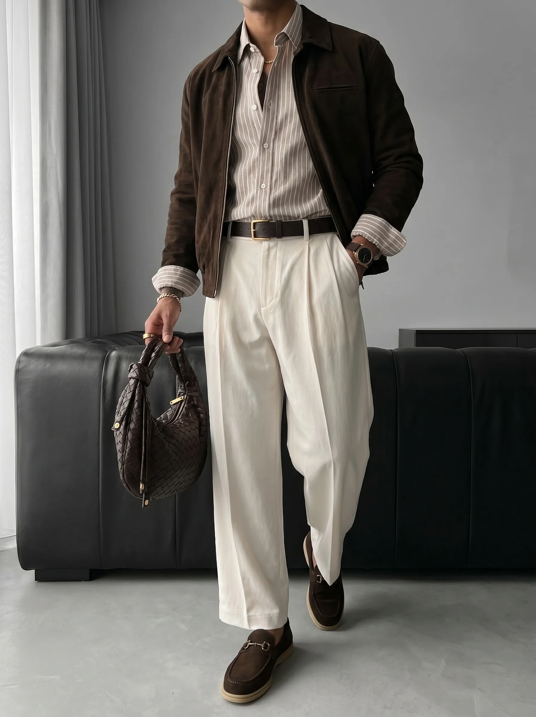 Oversize Cotton Thin Striped Shirt - Camel - Image 3