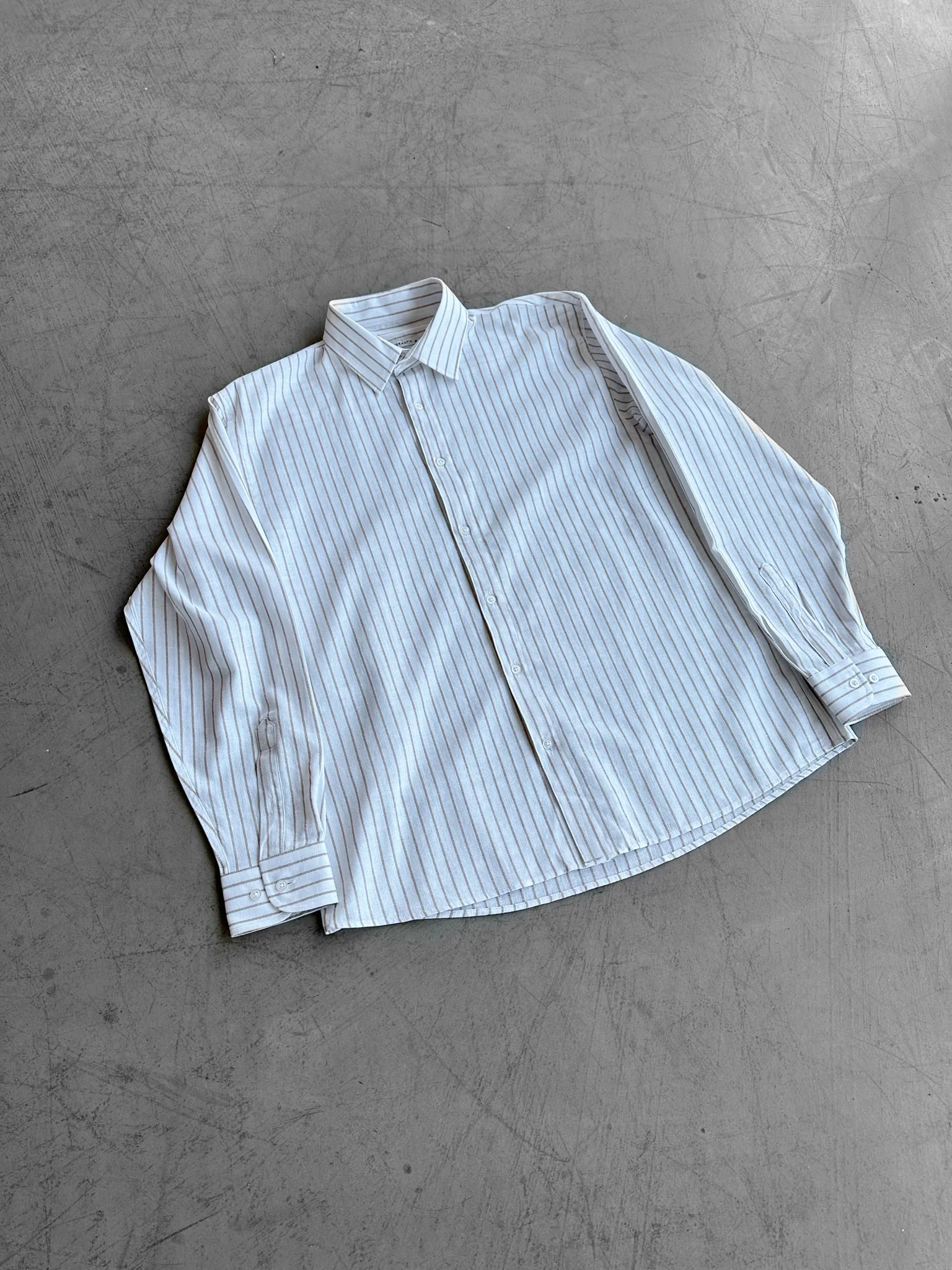 Oversize Cotton Thin Striped Shirt - Ecru and Camel - Image 2