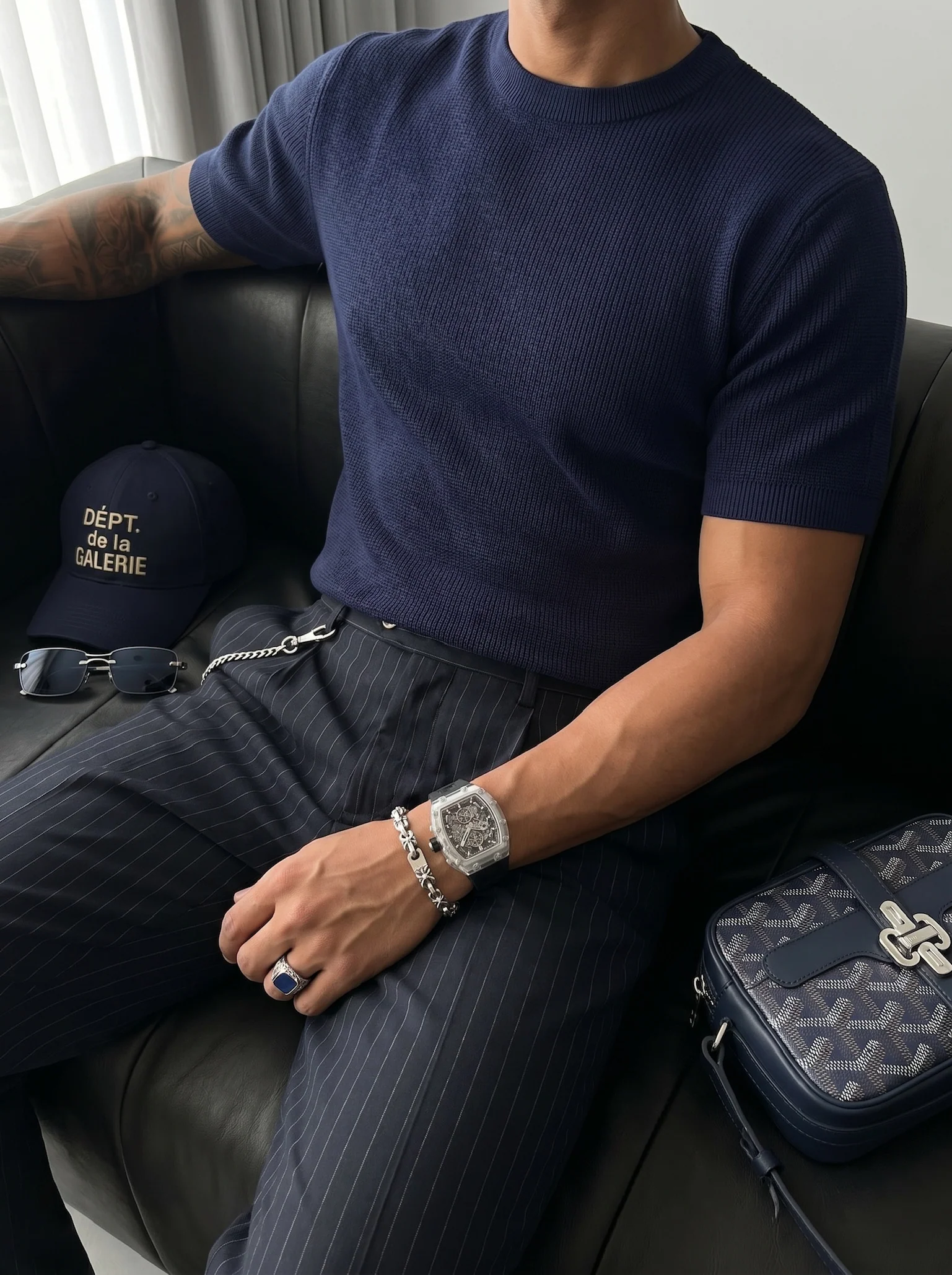 Oversize Knit T-Shirt - Navy Blue - Image 4