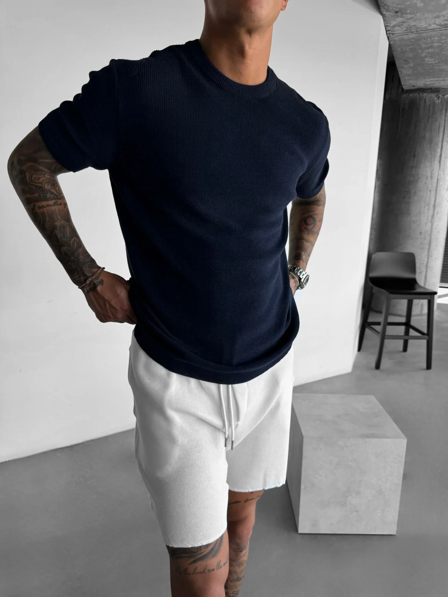 Oversize Knit T-Shirt - Navy Blue - Image 5
