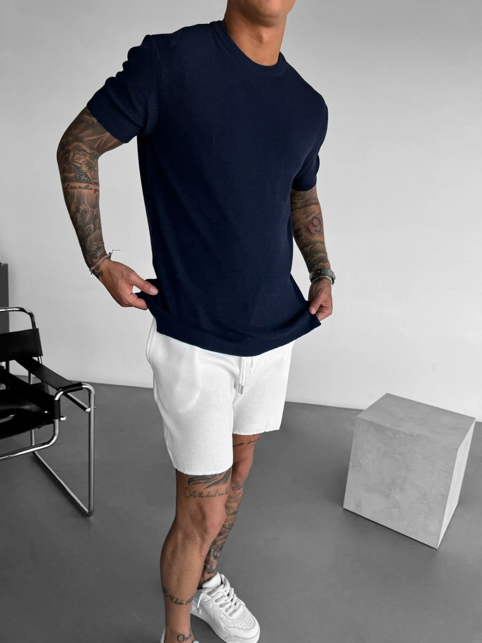 Oversize Knit T-Shirt - Navy Blue - Image 6