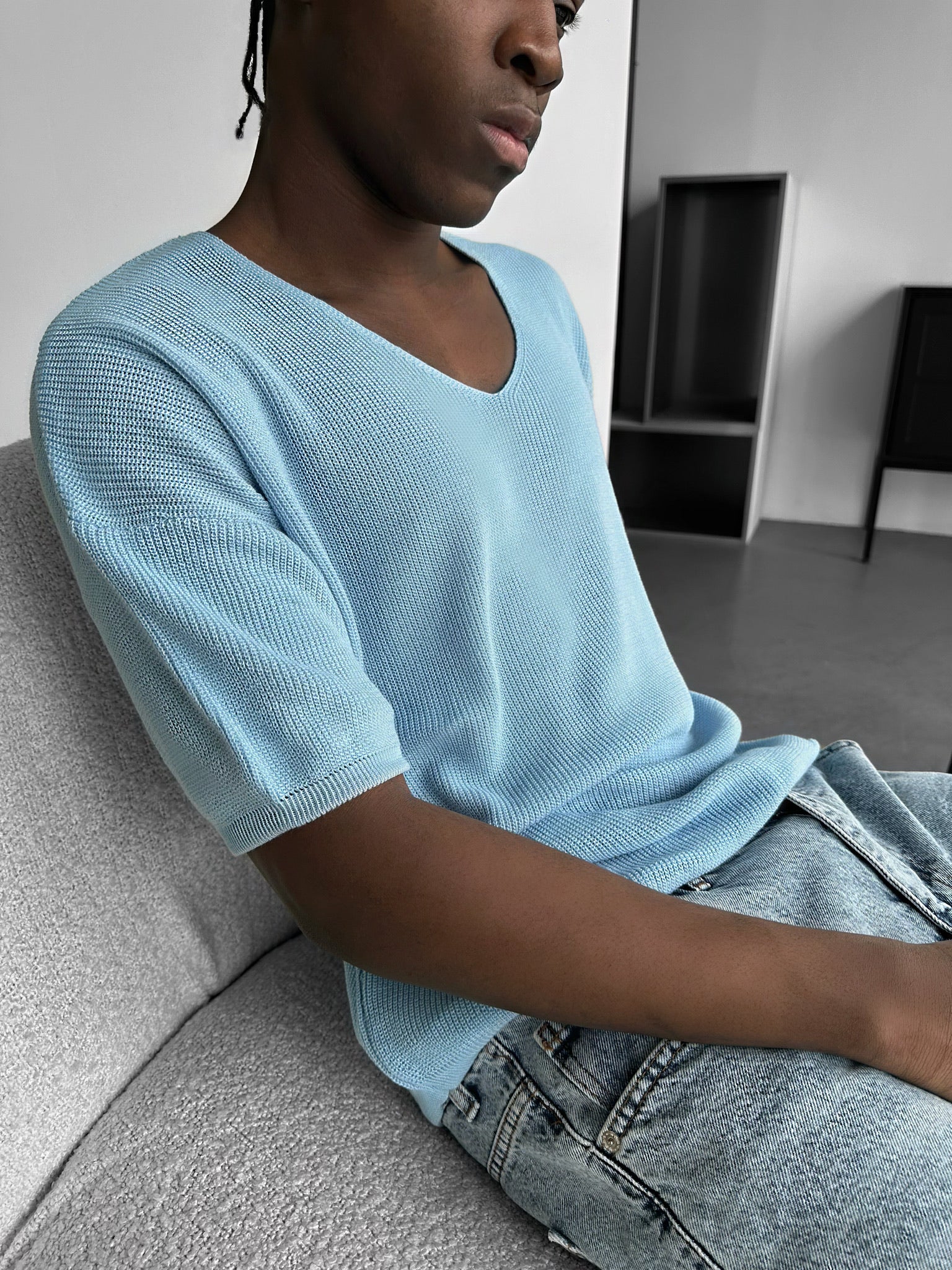 Oversize Long Knit T-Shirt - Babyblue - Image 2