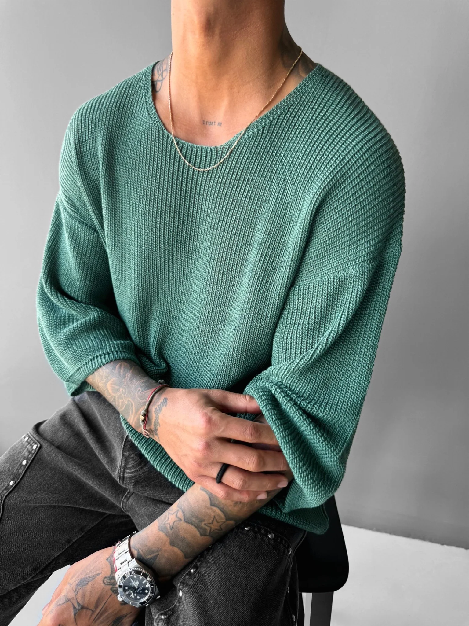 Oversize Long Knit T-Shirt - Petrol