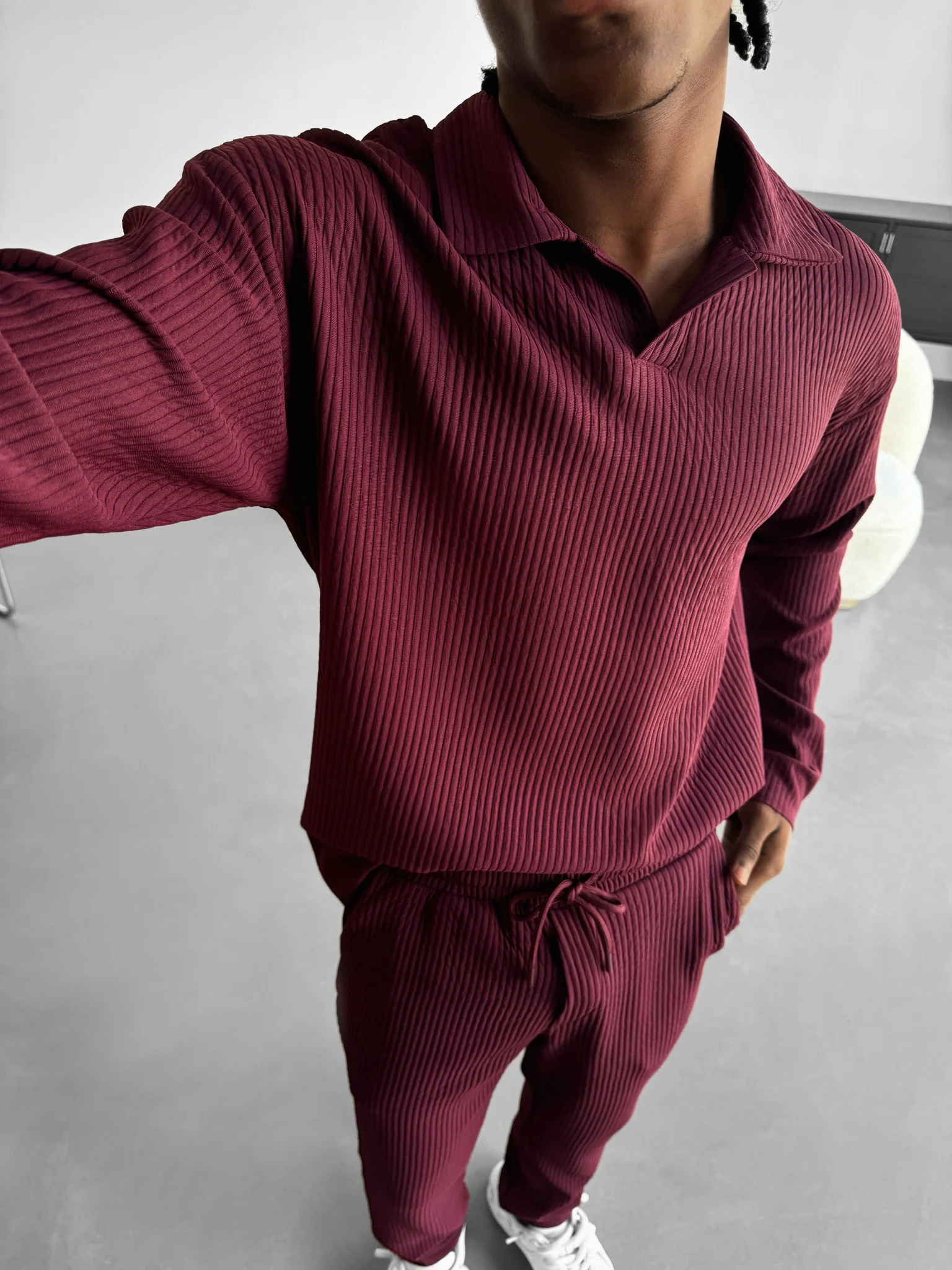 Oversize Ribbed Long Arm Polo T-shirt - Port Royale - Image 3