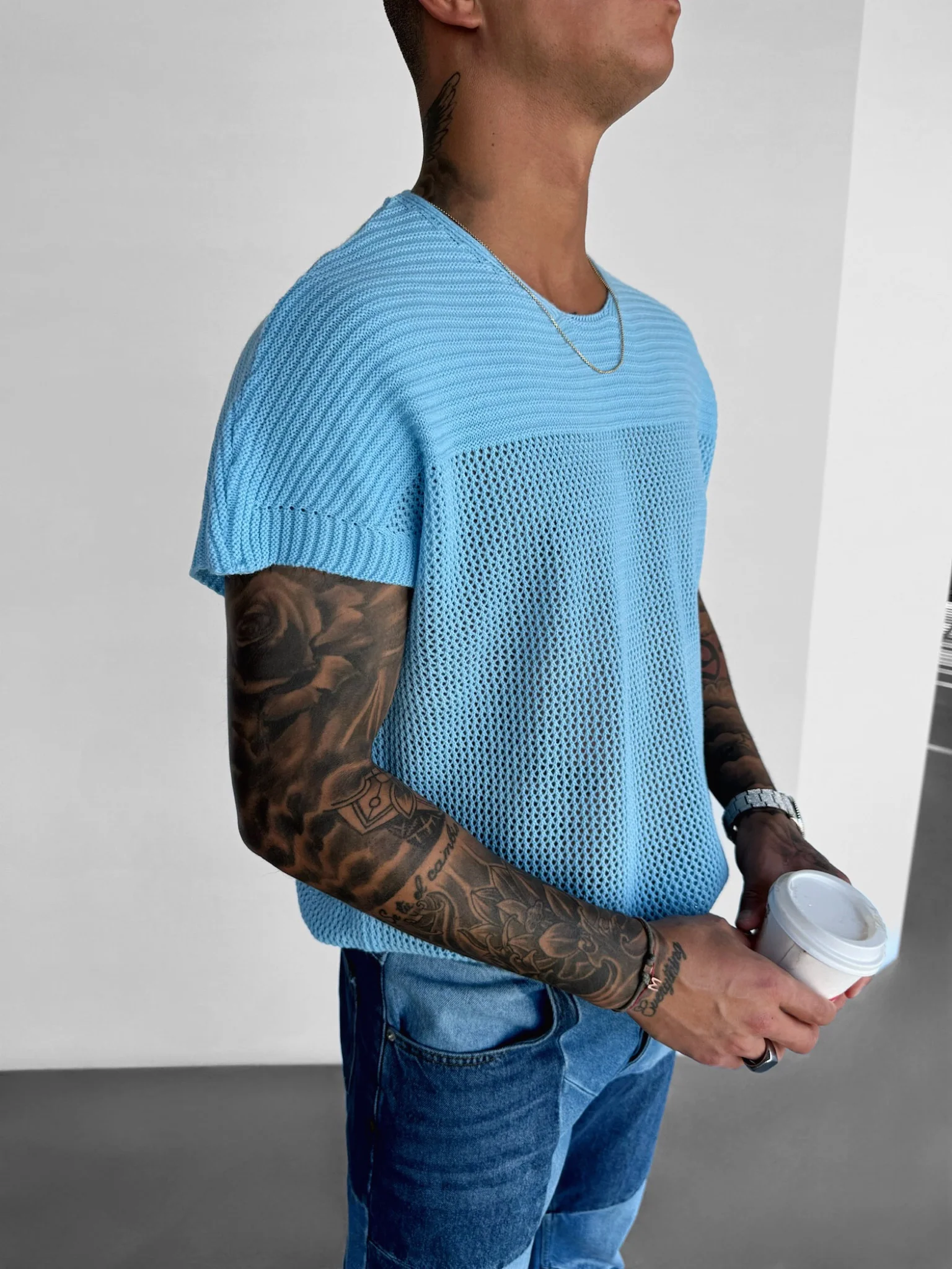 Oversize Textured Knit T-shirt - Babyblue - Image 2