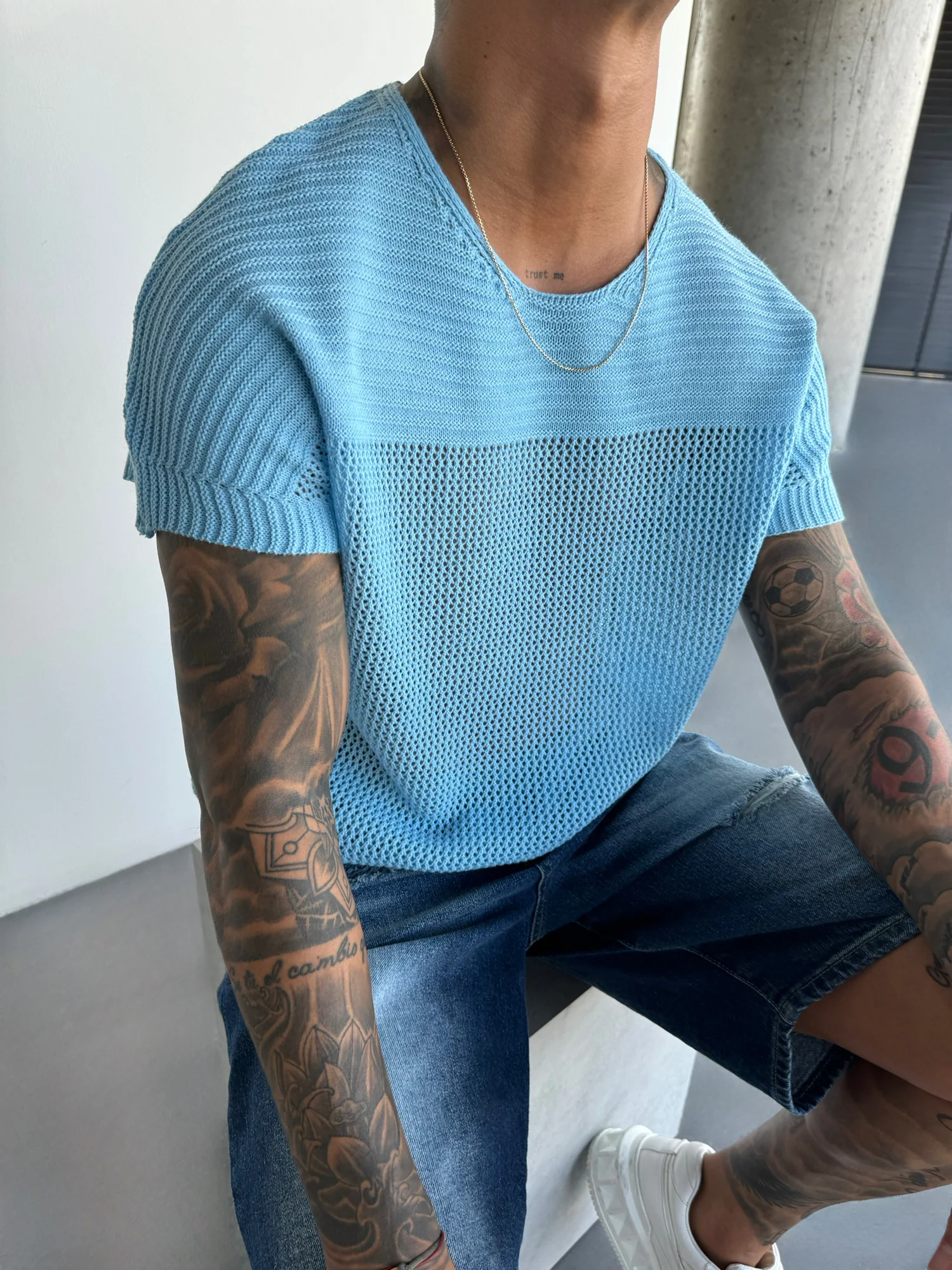 Oversize Textured Knit T-shirt - Babyblue - Image 3
