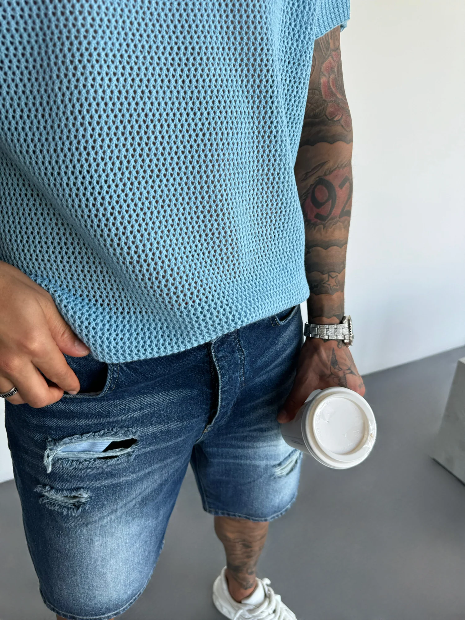 Oversize Textured Knit T-shirt - Babyblue - Image 4