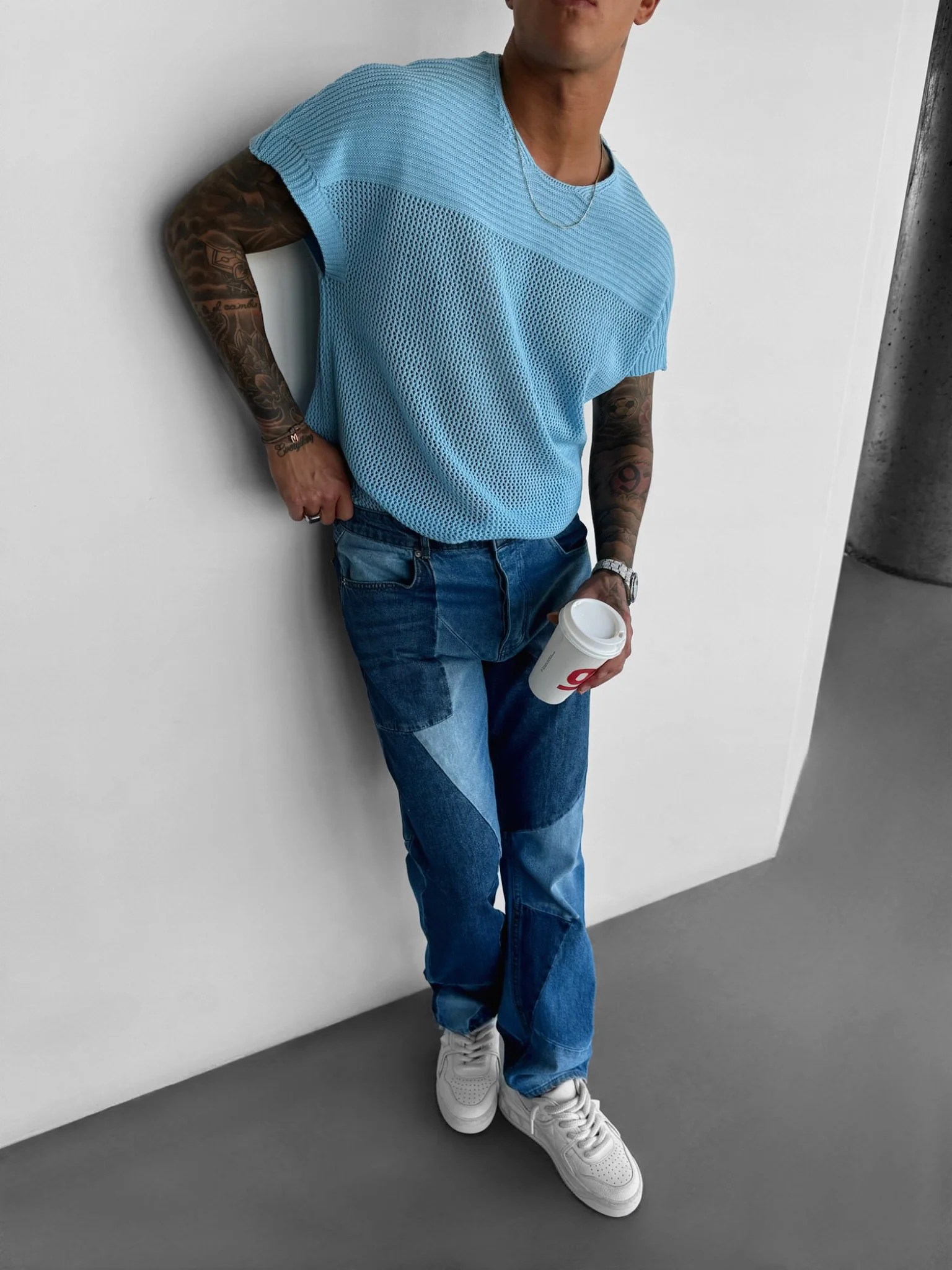 Oversize Textured Knit T-shirt - Babyblue - Image 5