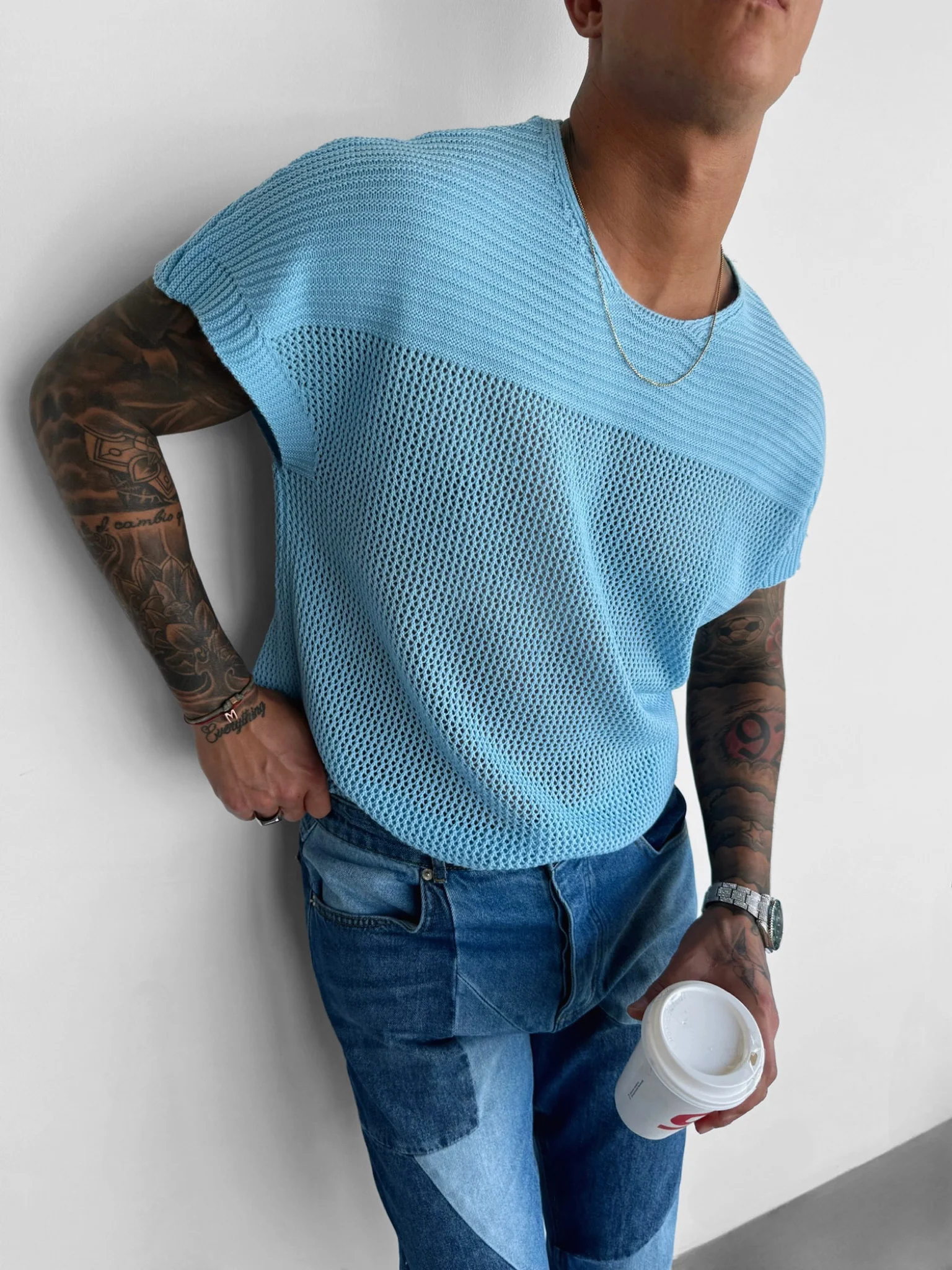 Oversize Textured Knit T-shirt - Babyblue - Image 6