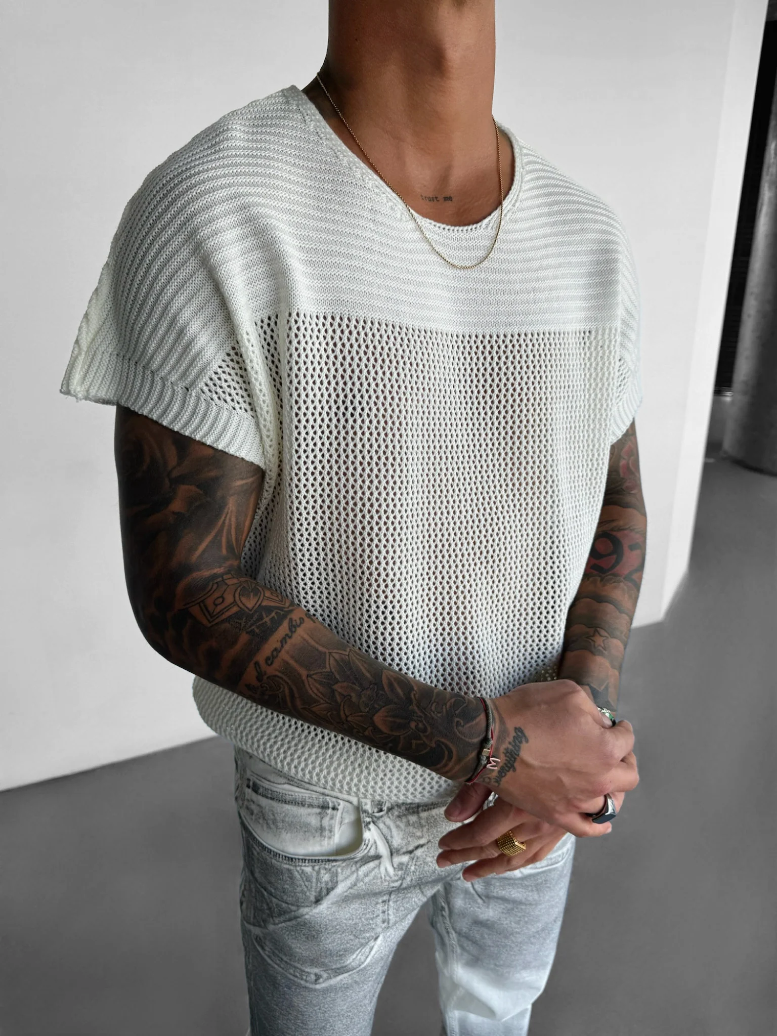 Oversize Textured Knit T-shirt - Ecru
