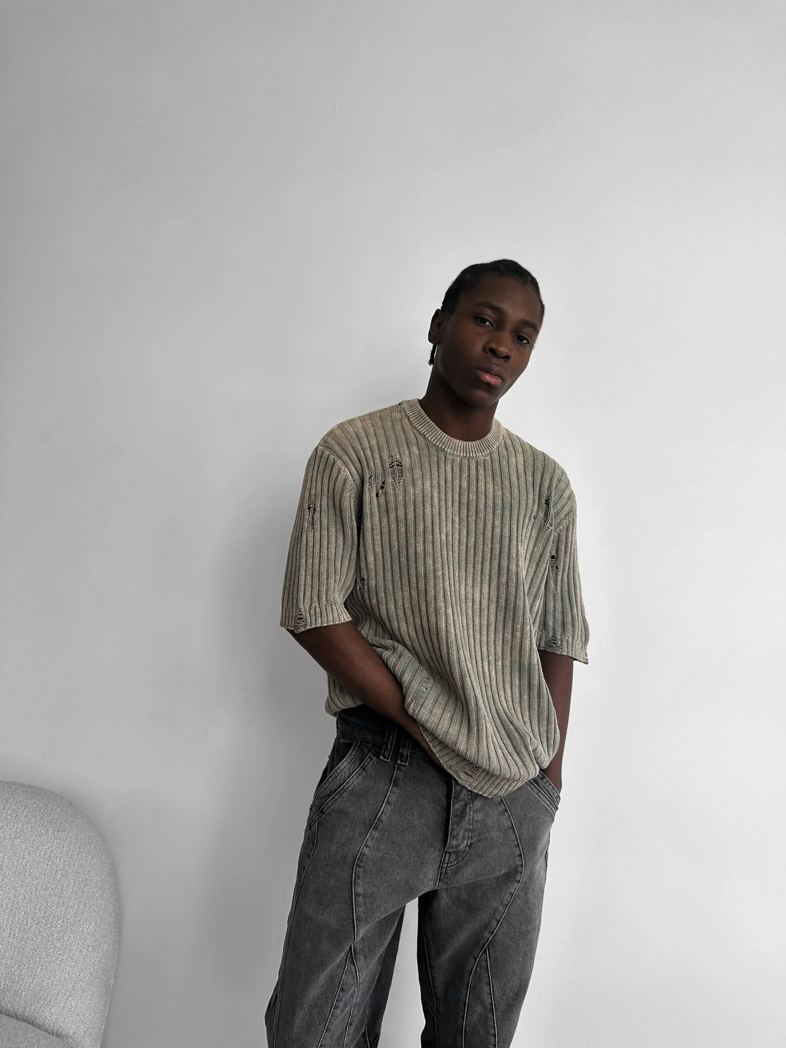 Oversize Torn Washed Knit T-shirt - Stone